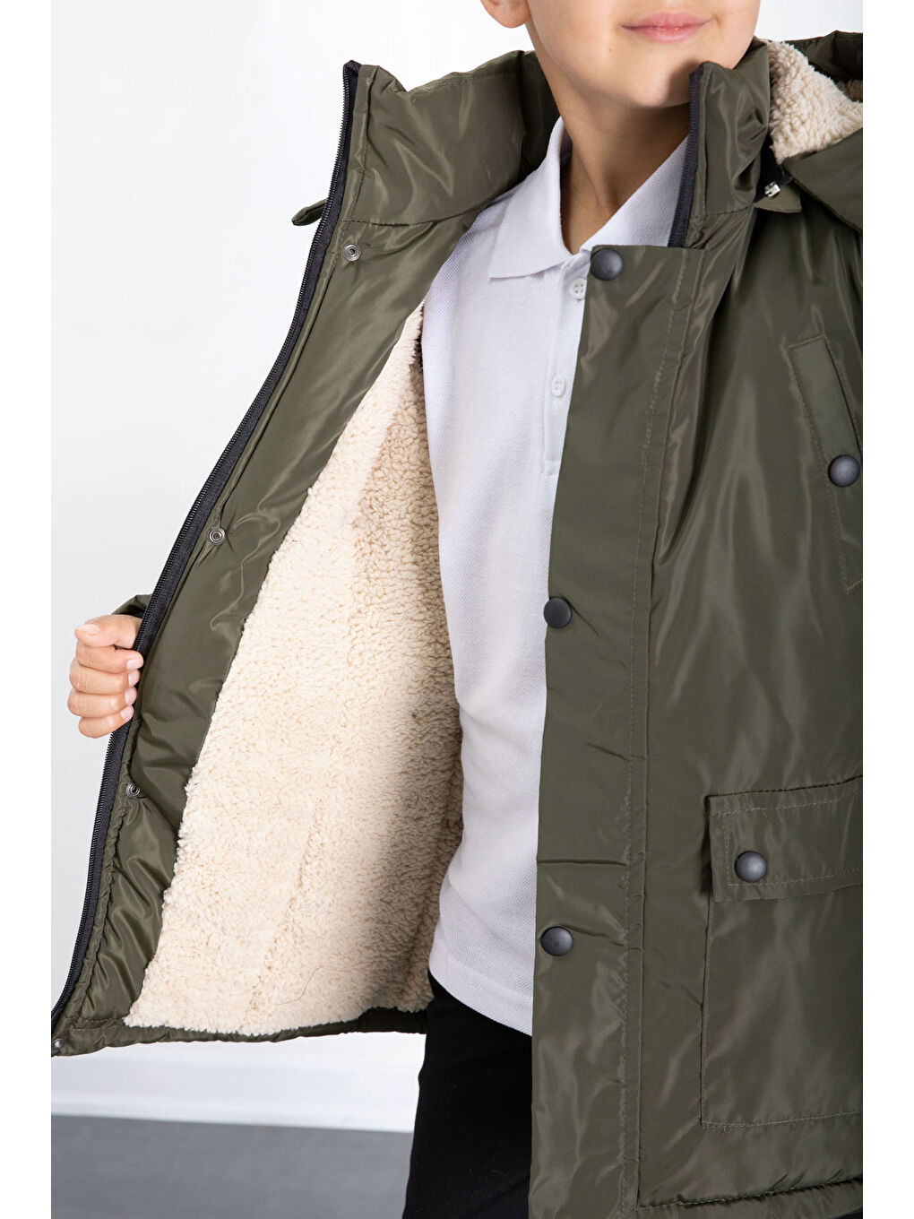 Haki İçi Kürklü Çıkarılabilir Kapüşonlu Basic Erkek Çocuk Şişme Mont 21438-3