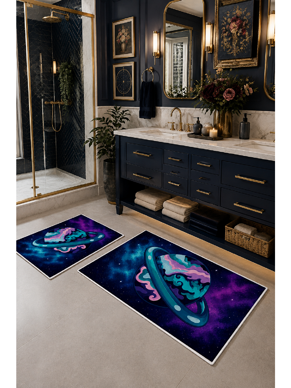 Lacivert Mor Gezegen Desenli Kaymaz Taban Banyo Paspası 2’li Set-5