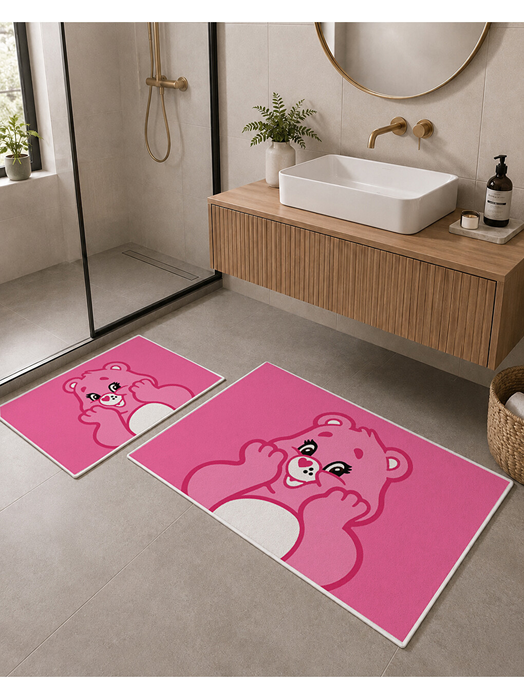 Açık Pembe Sevimli Ayı Desenli Kaymaz Taban Banyo Paspası 2’li Set-2