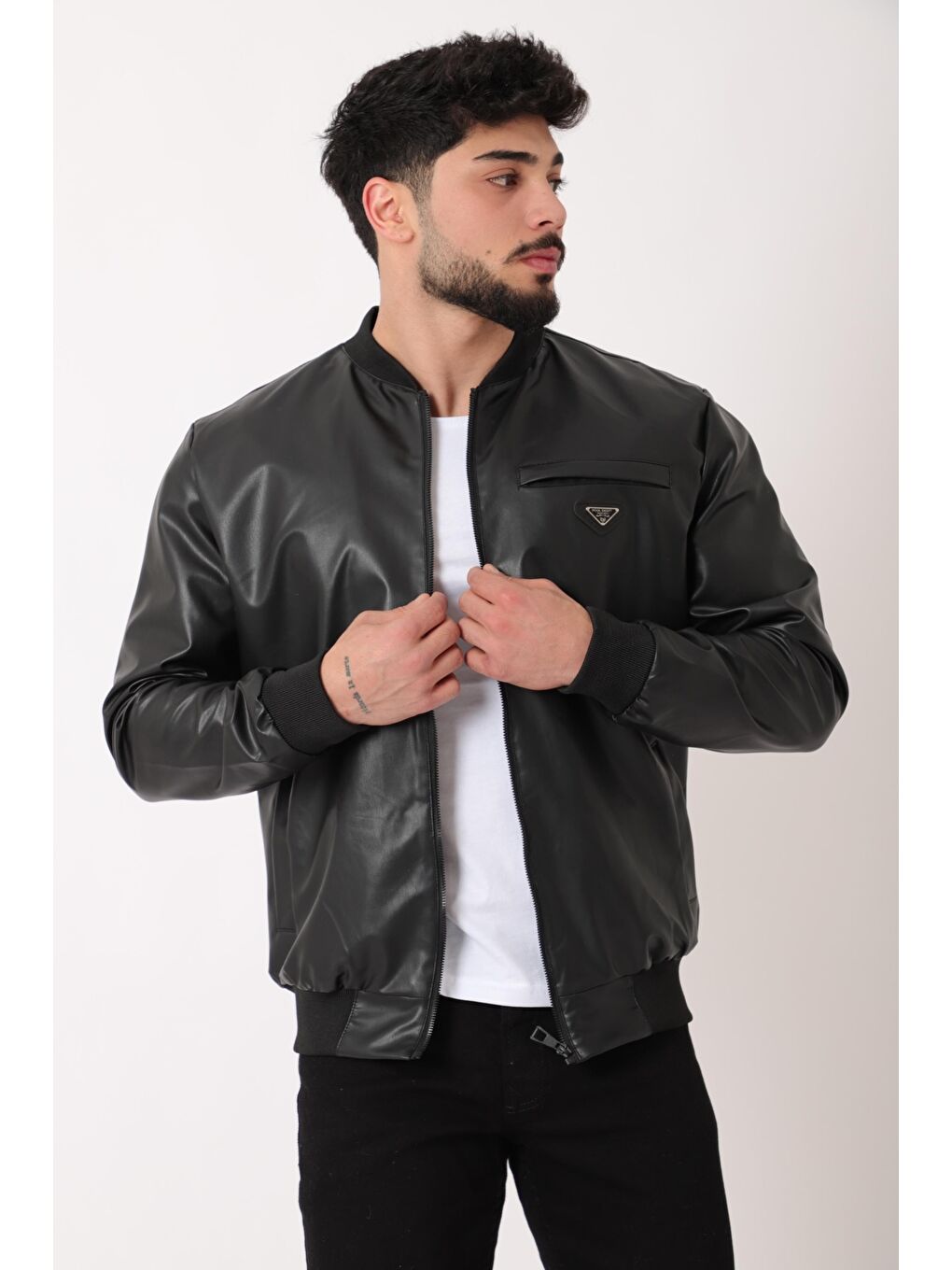 Siyah Kolej Yaka Bel Lastikli Suni Deri Mont PLDP 3000_50448-1