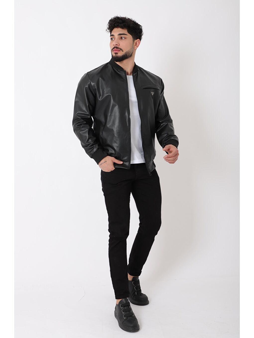 Siyah Kolej Yaka Bel Lastikli Suni Deri Mont PLDP 3000_50448-2