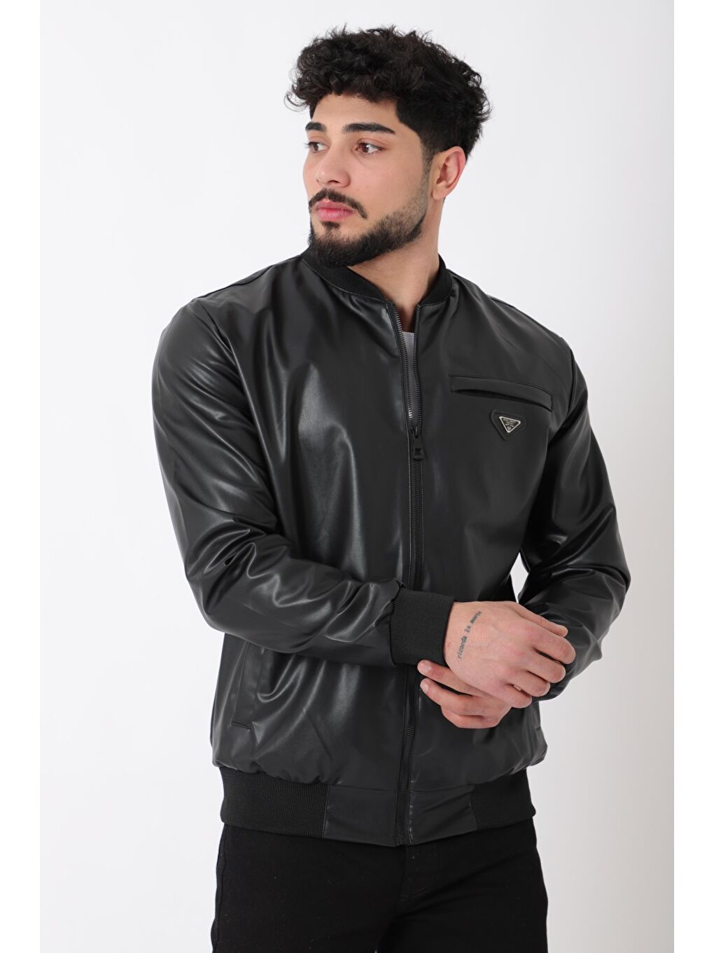 Siyah Kolej Yaka Bel Lastikli Suni Deri Mont PLDP 3000_50448-3