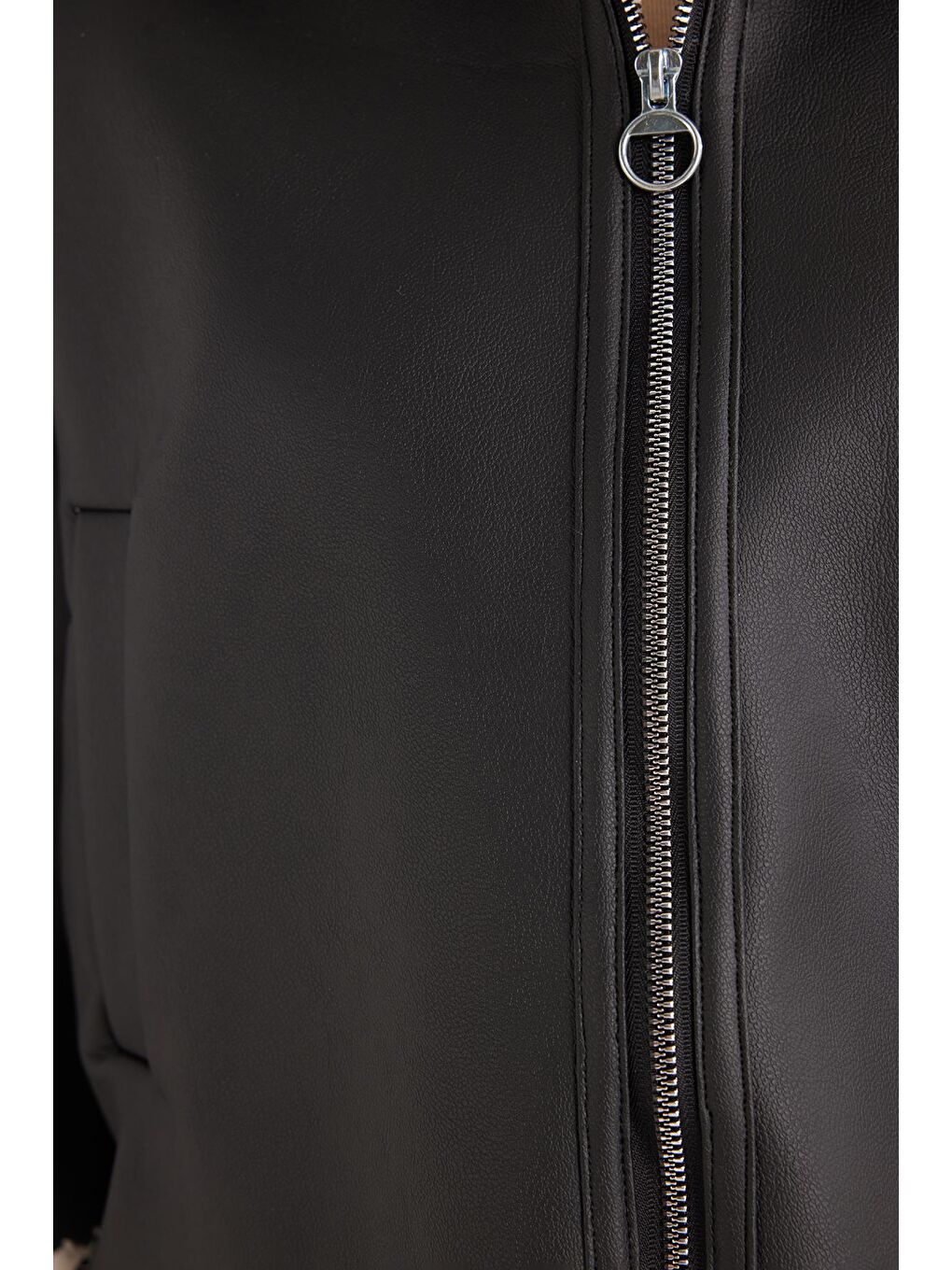 Kadın Regular Fit Klasik Kesim İçi Kürklü Kol Detaylı Siyah Deri Mont-5