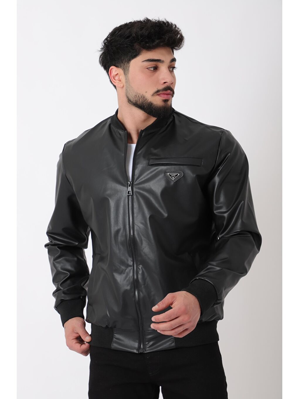 Siyah Kolej Yaka Bel Lastikli Suni Deri Mont PLDP 3000_50448-4