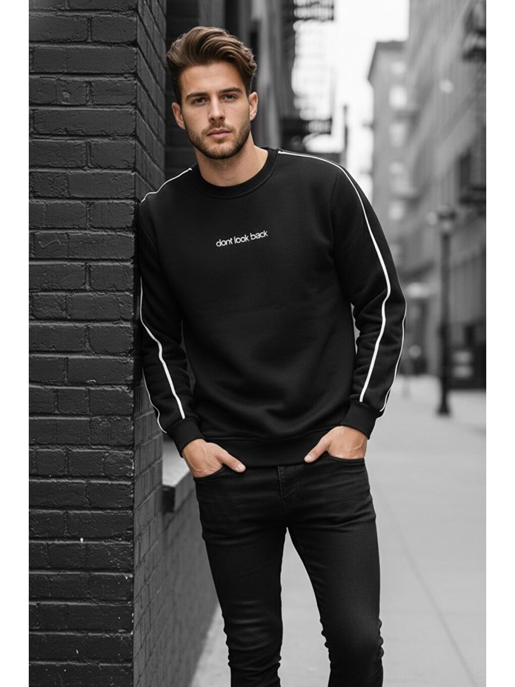 Siyah Dont Look Slim Fit Üç İplik Şardonlu Bisiklet Yaka Erkek Sweatshirt