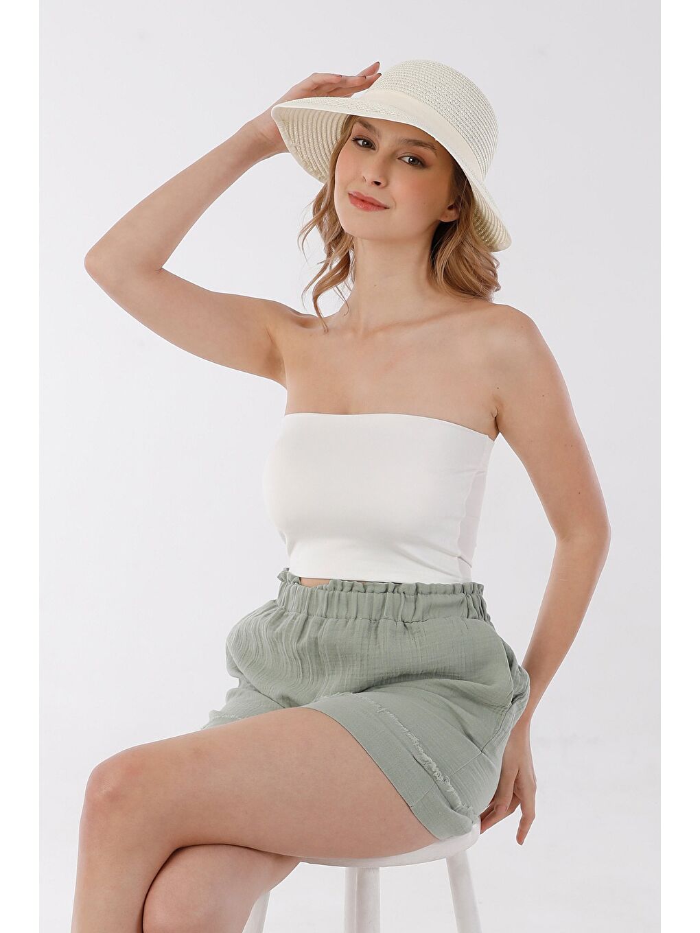 Ekru Kurdeleli Cırtcırtlı Hasır Şapka-1