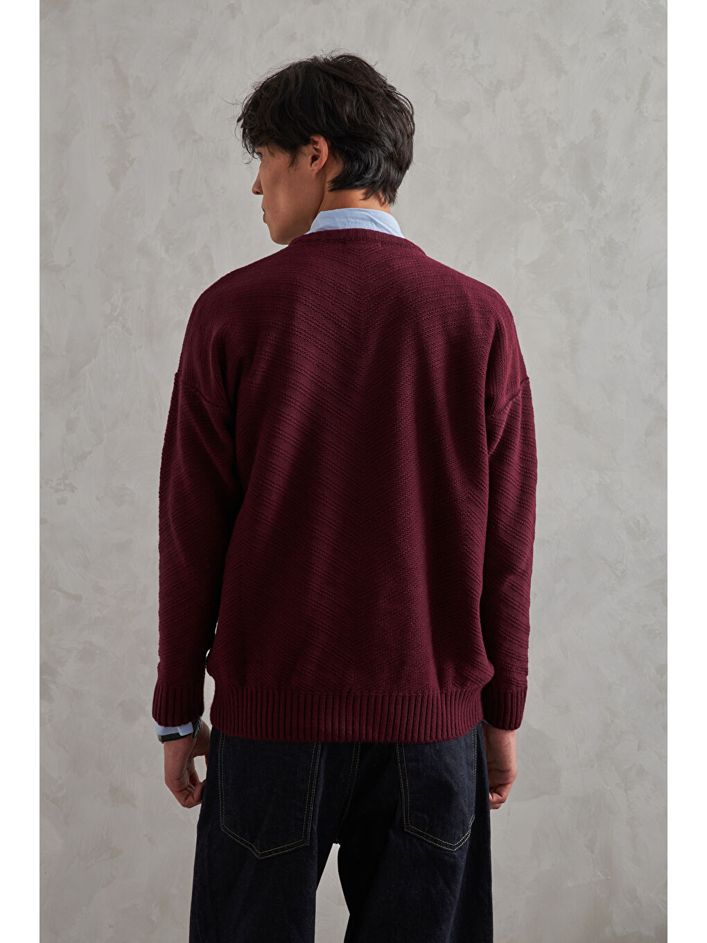 Bordo Erkek Bisiklet Yaka Oversize Ters Örgü Desen Kazak-3