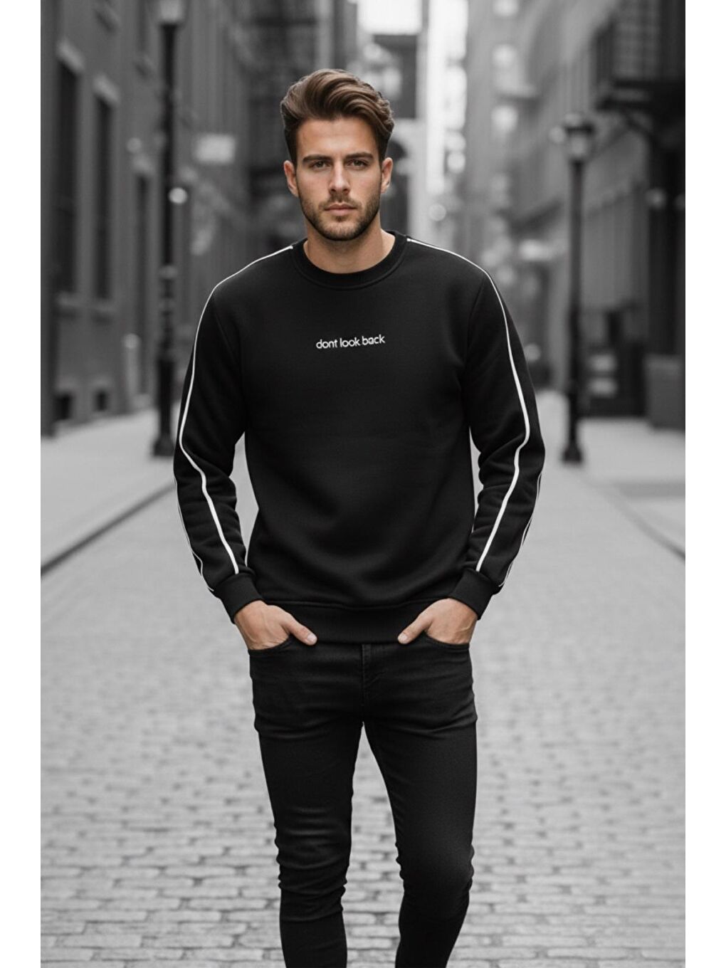 Siyah Dont Look Slim Fit Üç İplik Şardonlu Bisiklet Yaka Erkek Sweatshirt-1