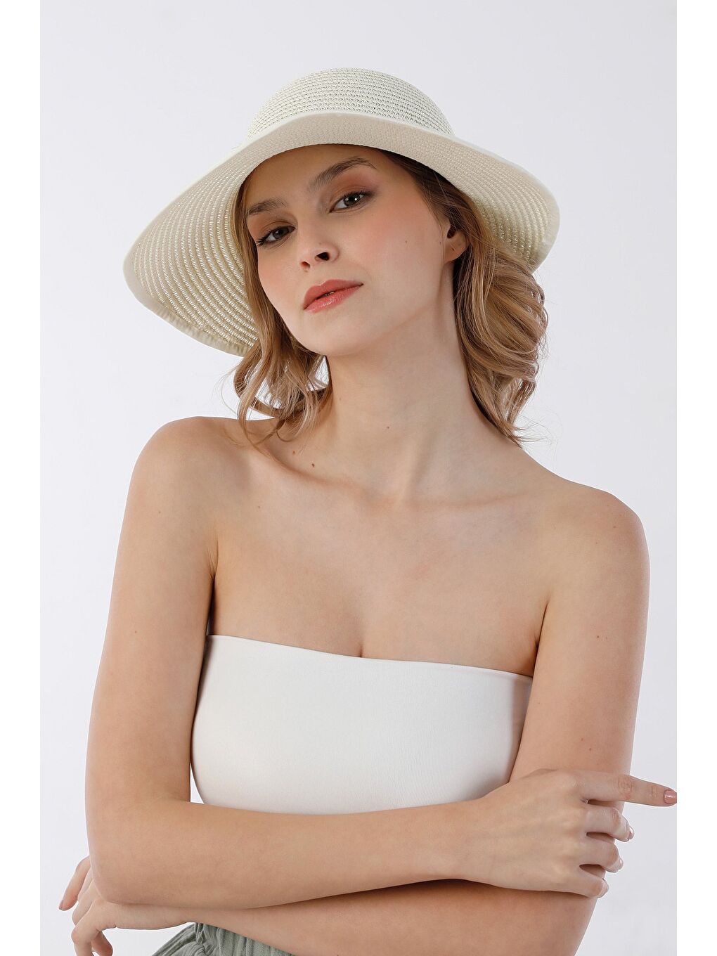 Ekru Kurdeleli Cırtcırtlı Hasır Şapka-2