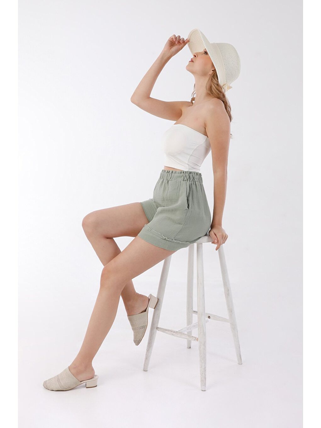 Ekru Kurdeleli Cırtcırtlı Hasır Şapka-3