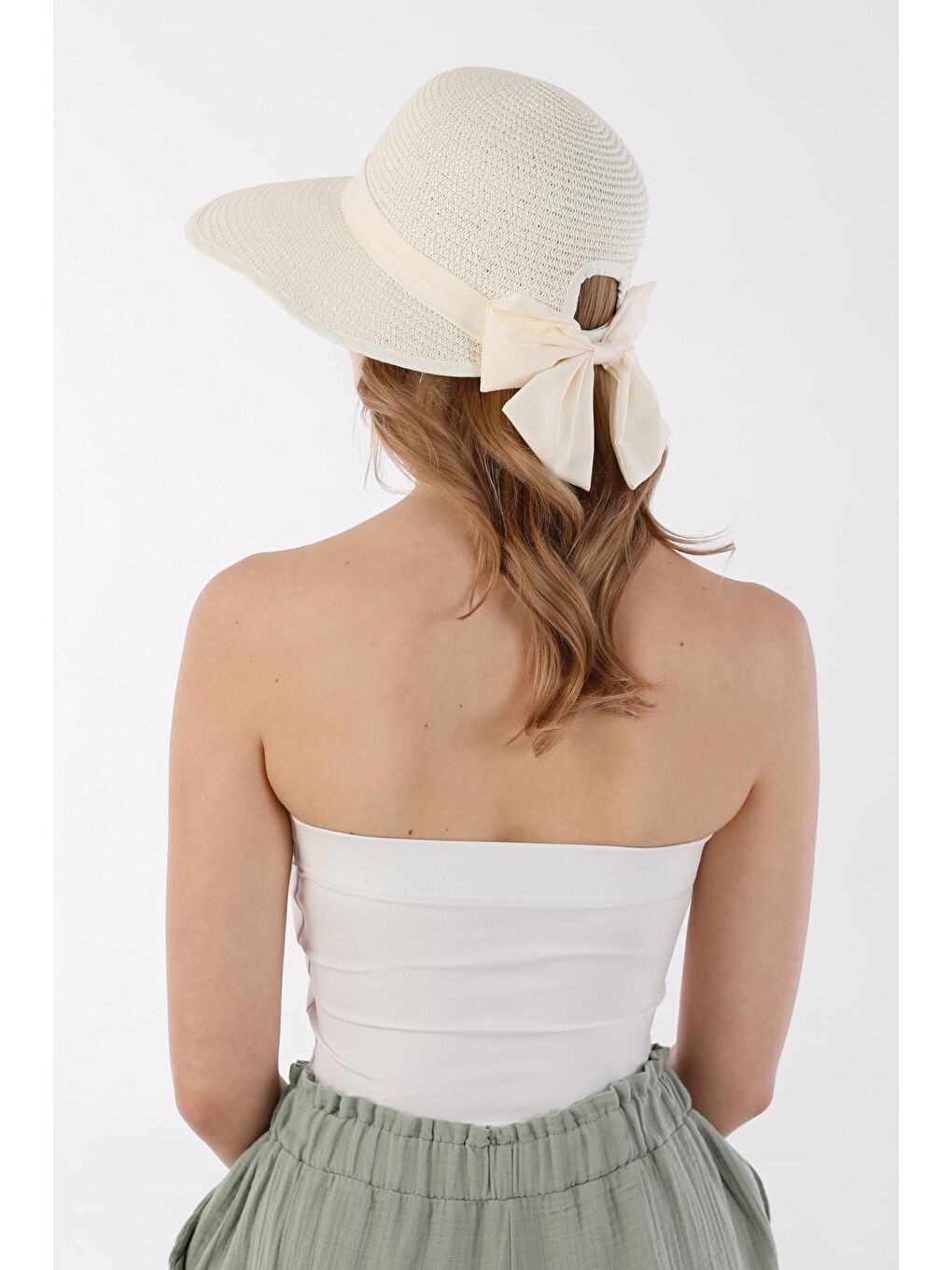 Ekru Kurdeleli Cırtcırtlı Hasır Şapka-4