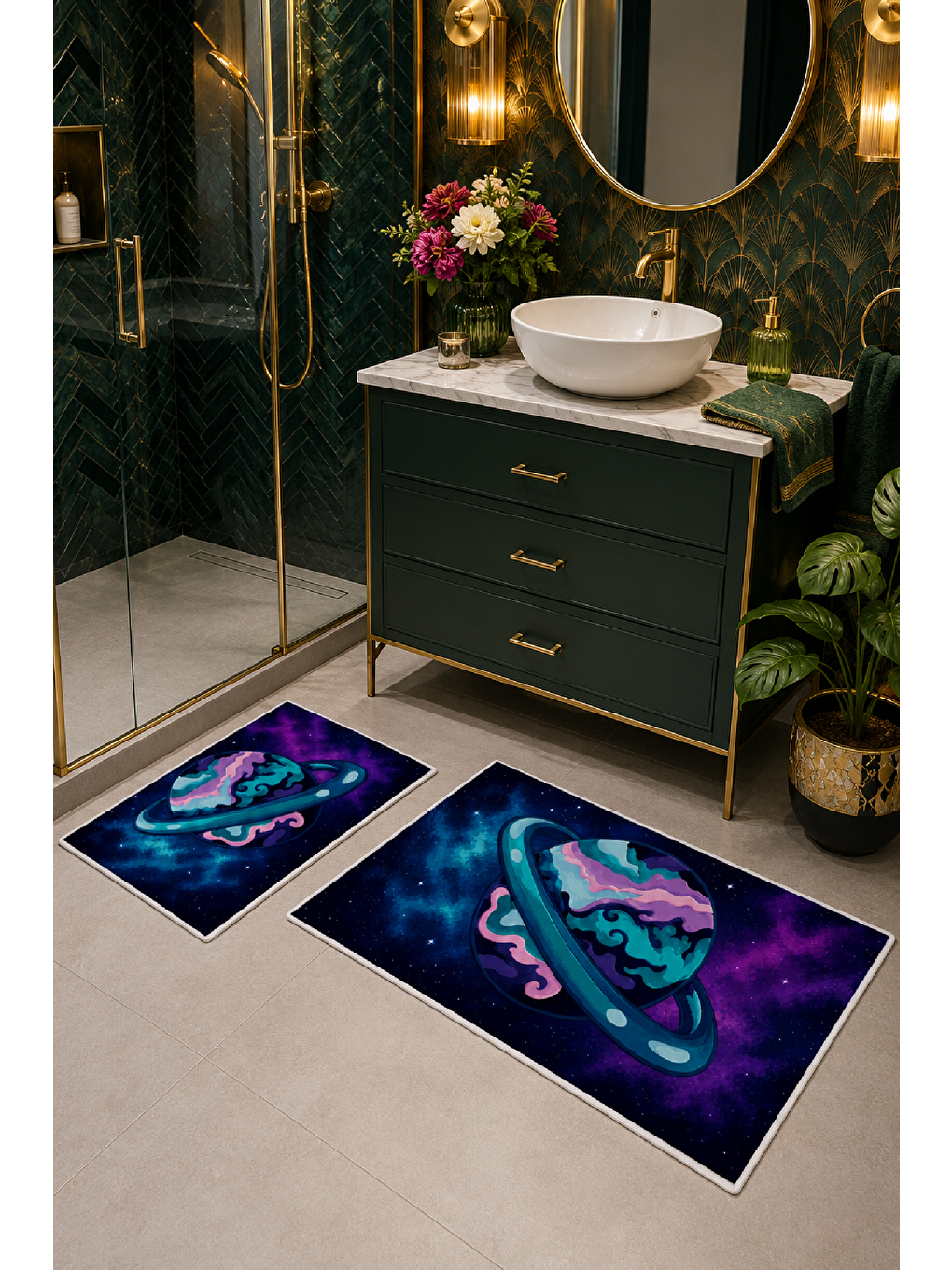 Lacivert Mor Gezegen Desenli Kaymaz Taban Banyo Paspası 2’li Set-6