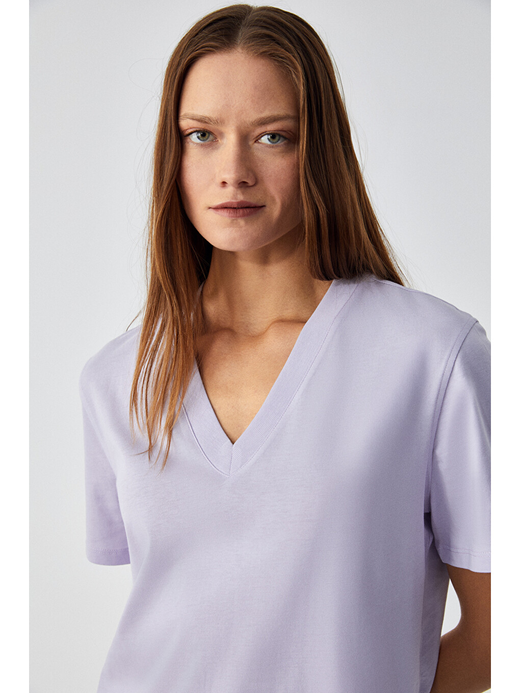 Lila ALINE Kadın %100 organik Pamuk Derin V Yakalı Comfort Fit LİLA T-Shirt-3