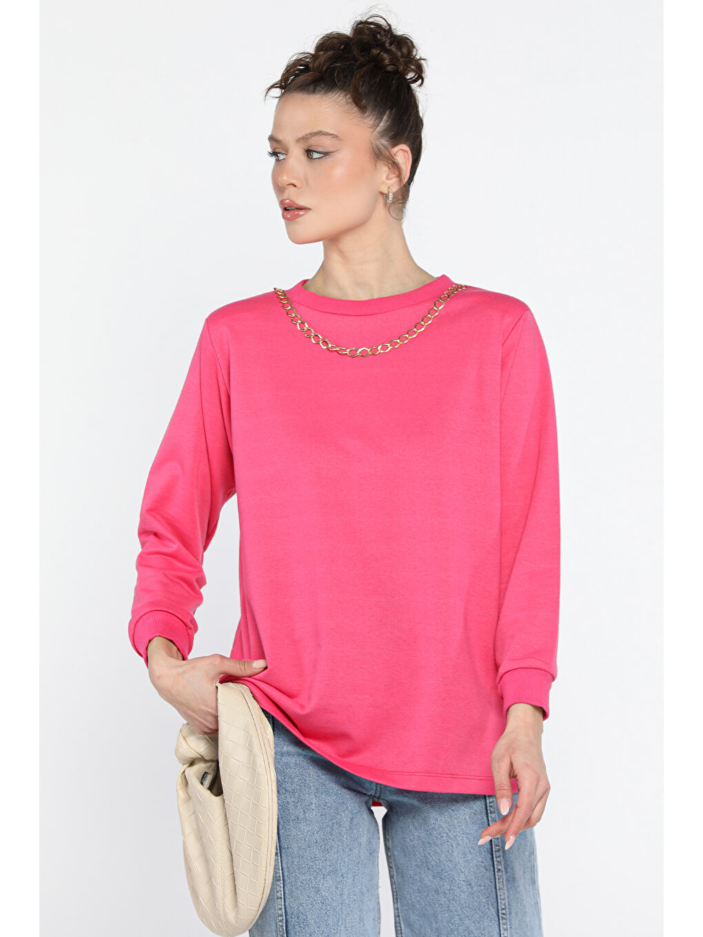 Fuşya Kadın Bisiklet Yaka Aksesuar Detaylı Bluz