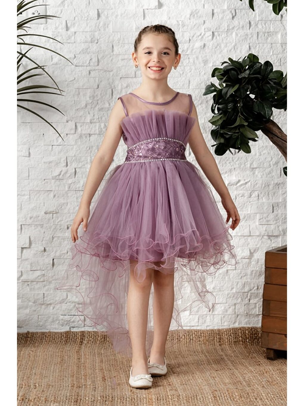 Lila Uzun Kuyruk Tütülü Askılı Kız Filira Elbise MNK0584-6