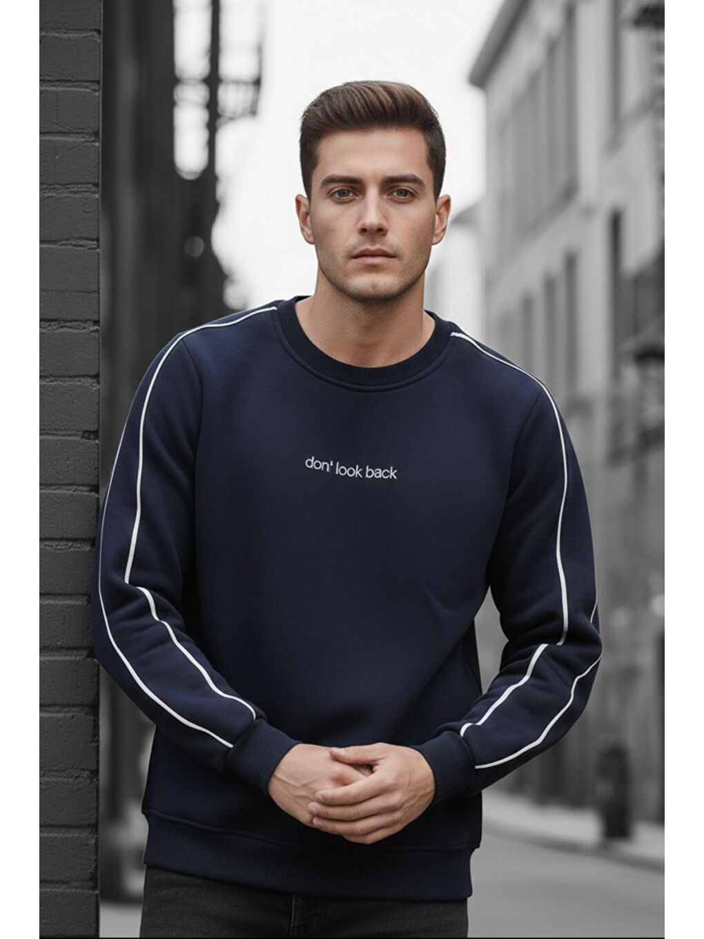 Lacivert Dont Look Slim Fit Üç İplik Şardonlu Bisiklet Yaka Erkek Sweatshirt
