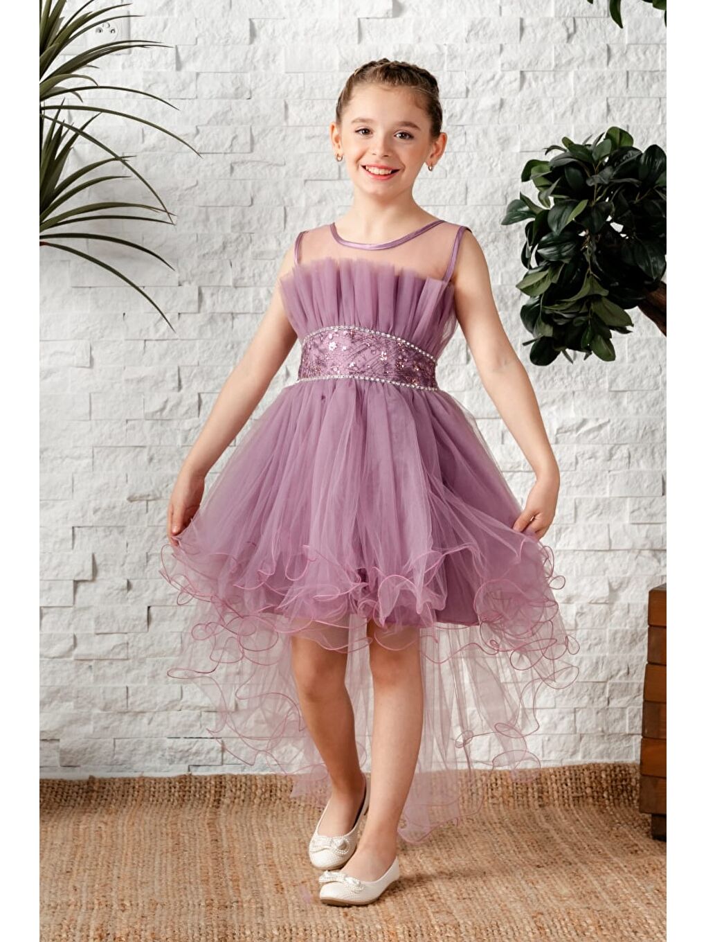 Lila Uzun Kuyruk Tütülü Askılı Kız Filira Elbise MNK0584-8