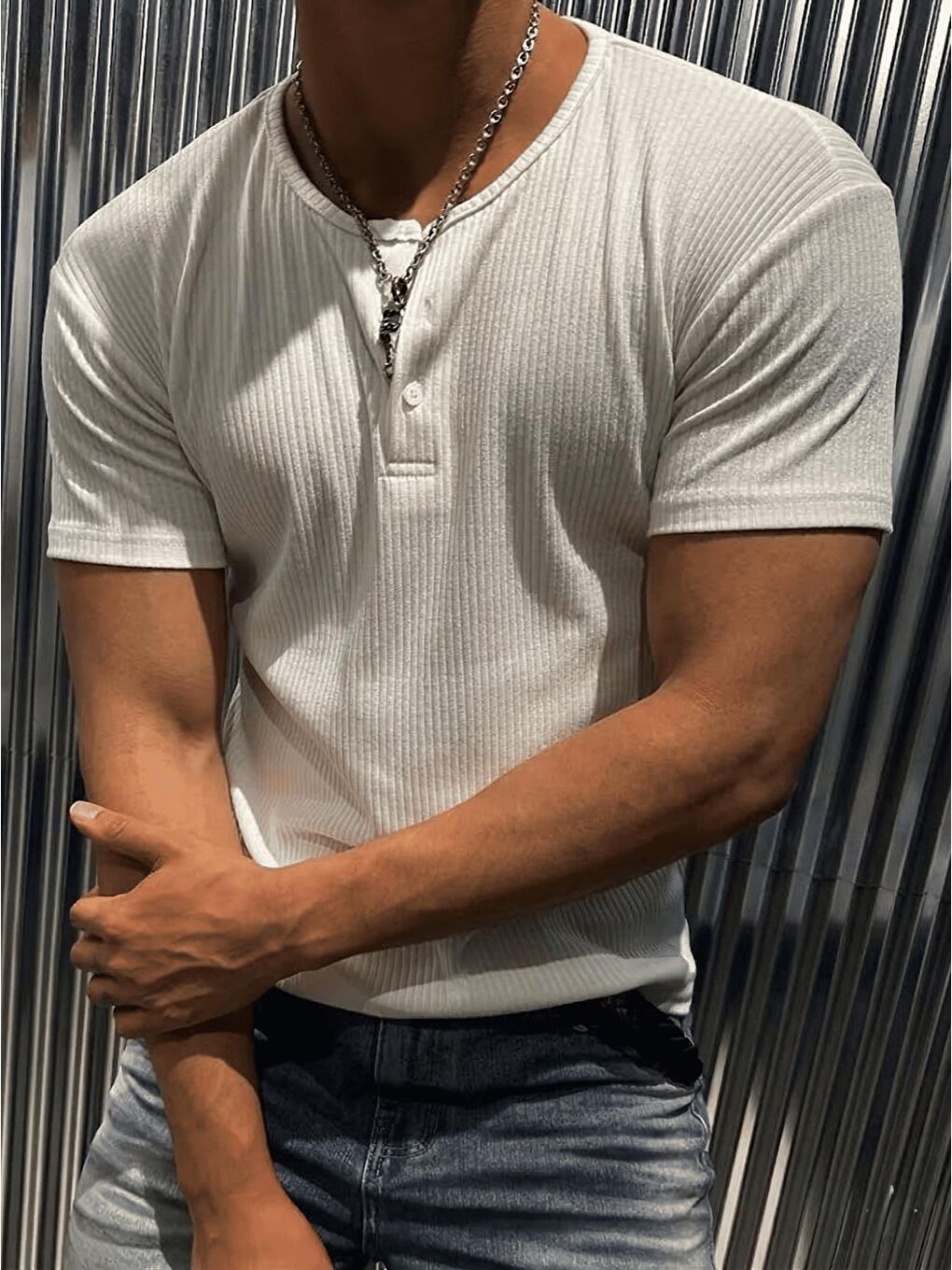 Beyaz San Loe Erkek Slim Fit Elastanlı Henley Yaka Kısa Kollu Tişört - Düğmeli Esnek Kumaş-1