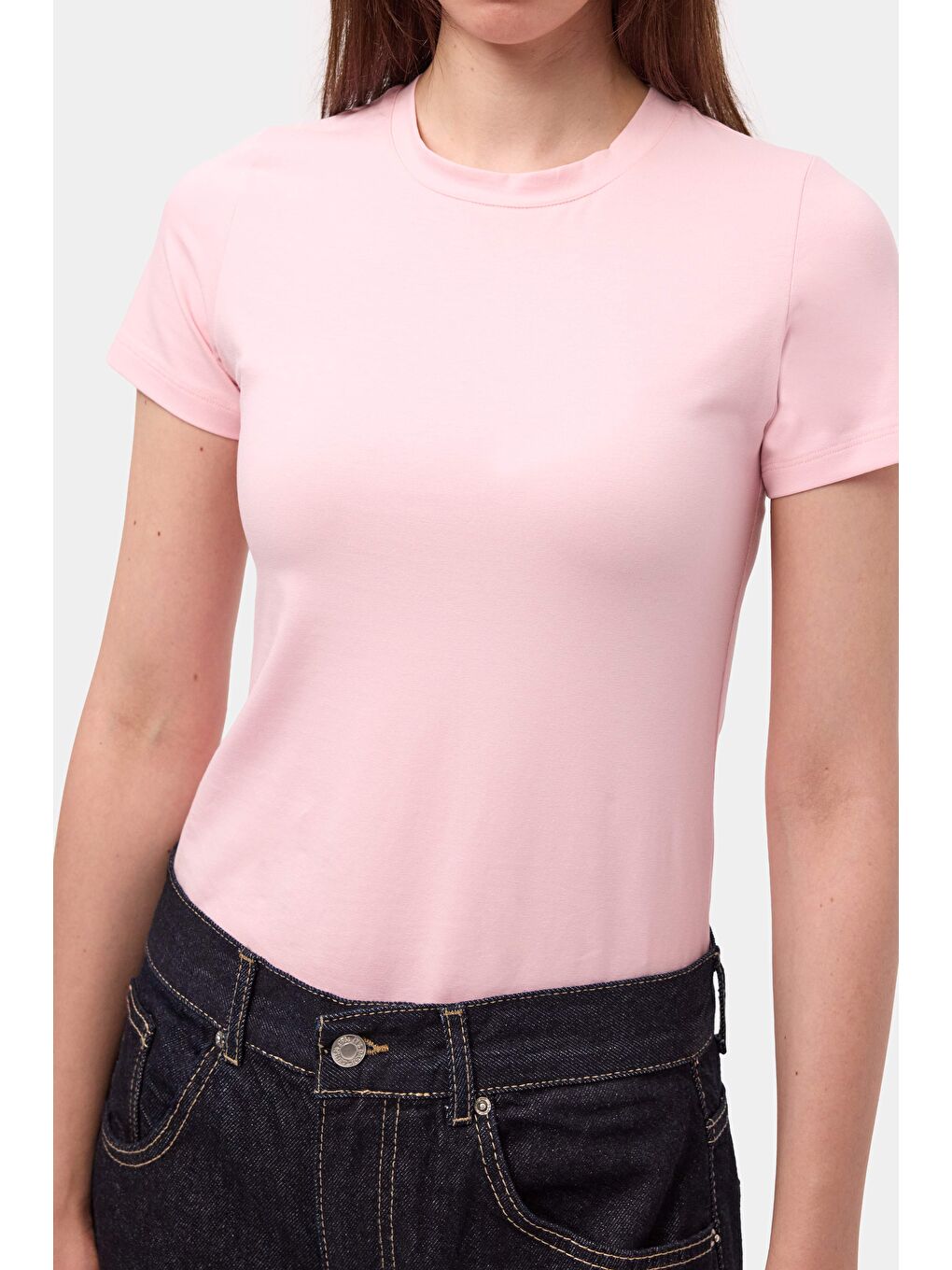 Kadın Light Pembe s6-98 Bisiklet Yaka %100 Organik Pamuk Esnek Kumaş T-Shirt