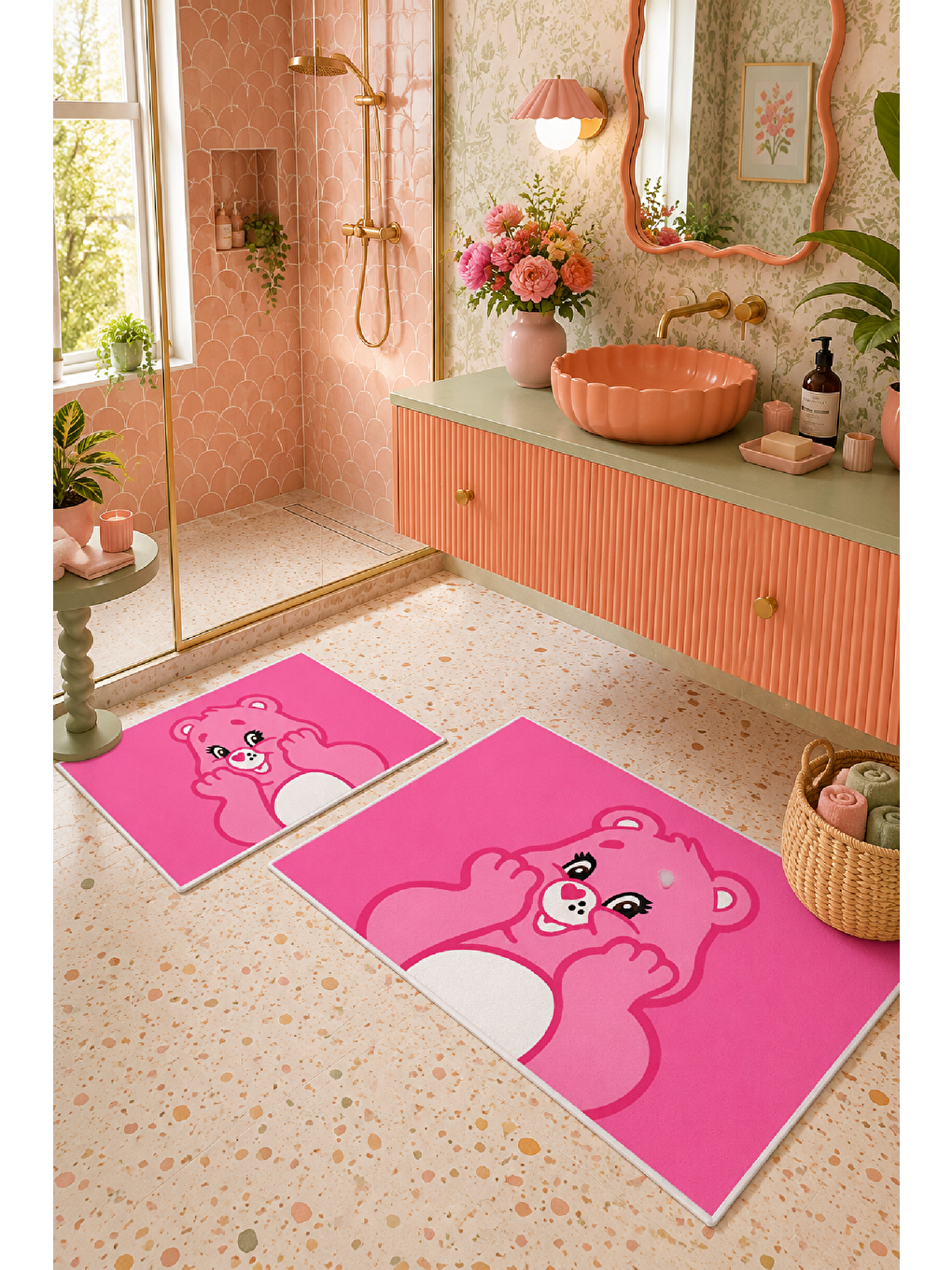 Açık Pembe Sevimli Ayı Desenli Kaymaz Taban Banyo Paspası 2’li Set-3