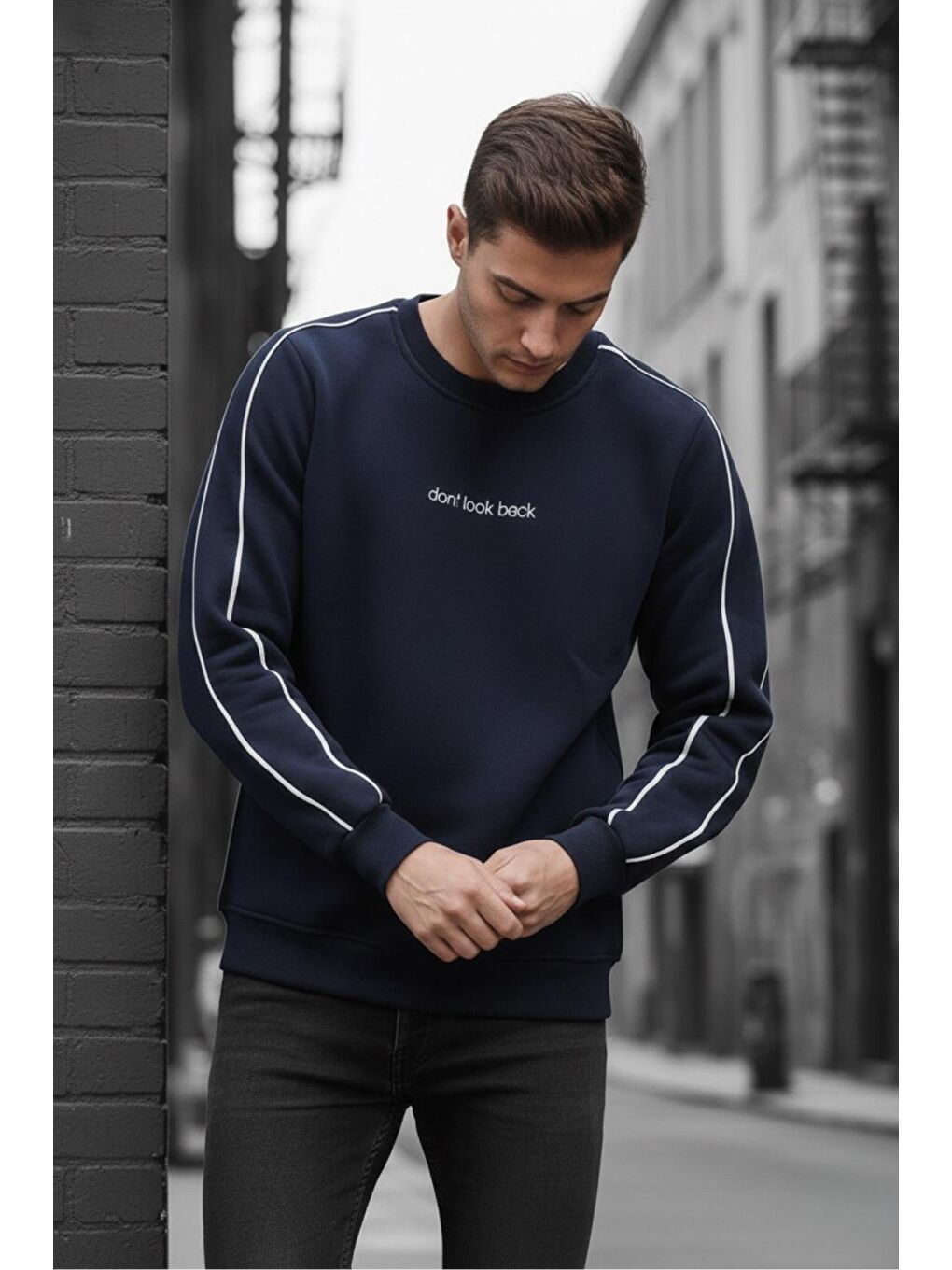 Lacivert Dont Look Slim Fit Üç İplik Şardonlu Bisiklet Yaka Erkek Sweatshirt-1