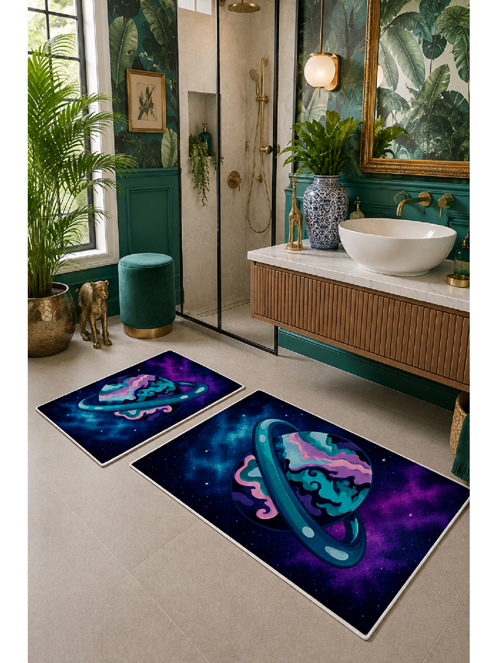 Lacivert Mor Gezegen Desenli Kaymaz Taban Banyo Paspası 2’li Set-7