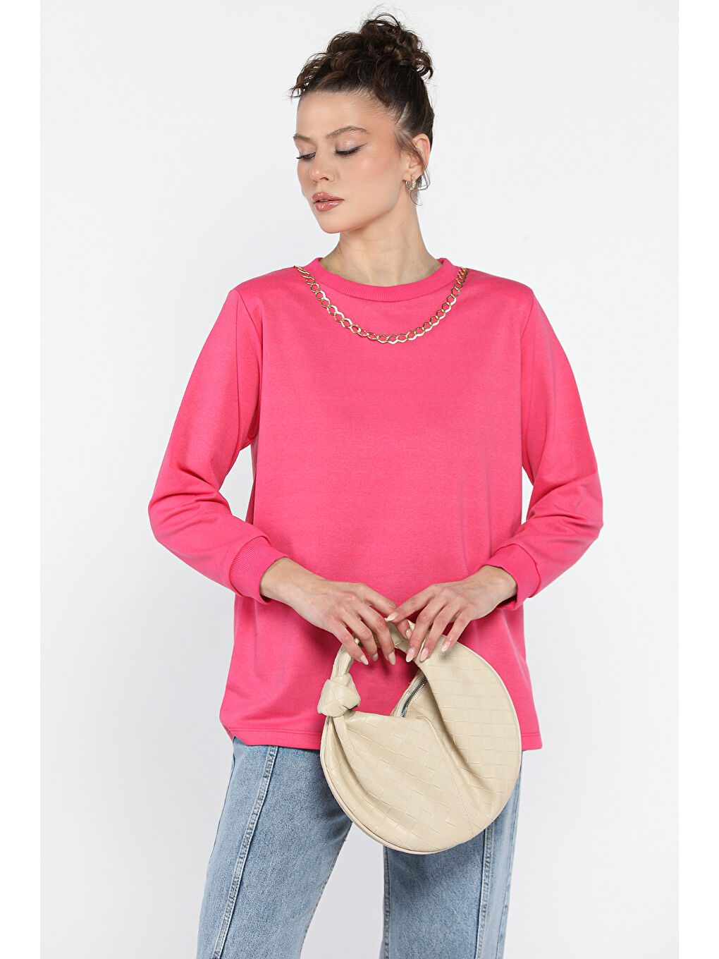 Fuşya Kadın Bisiklet Yaka Aksesuar Detaylı Bluz-1