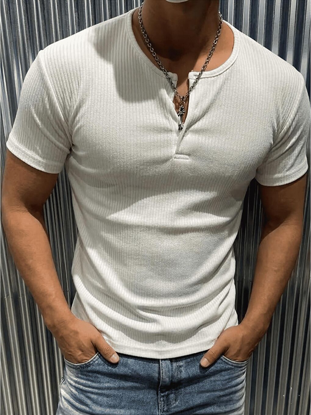 Beyaz San Loe Erkek Slim Fit Elastanlı Henley Yaka Kısa Kollu Tişört - Düğmeli Esnek Kumaş-2