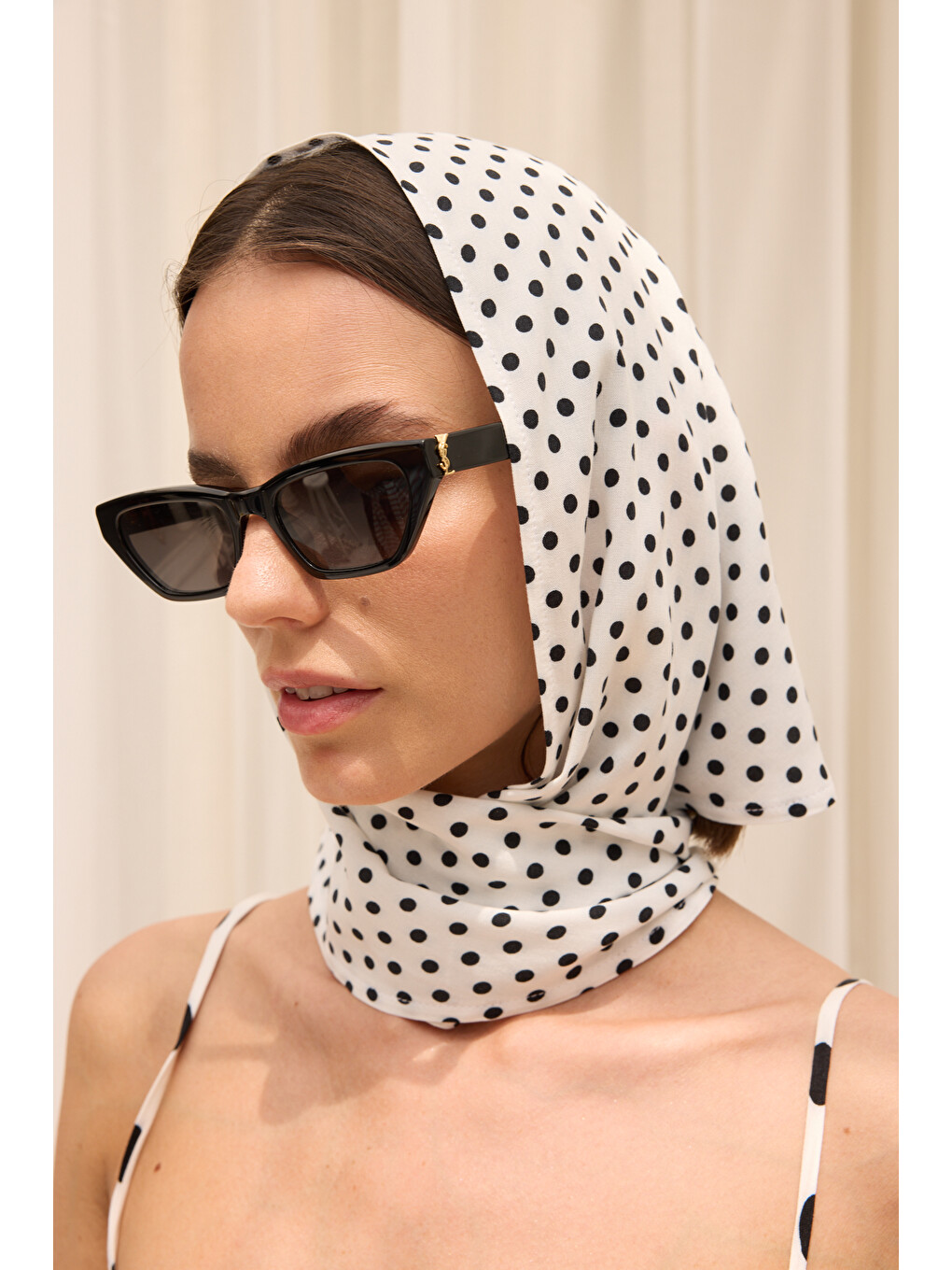 Rosemary Bandana Detaylı Puantiyeli Ekru Uzun Elbise-6