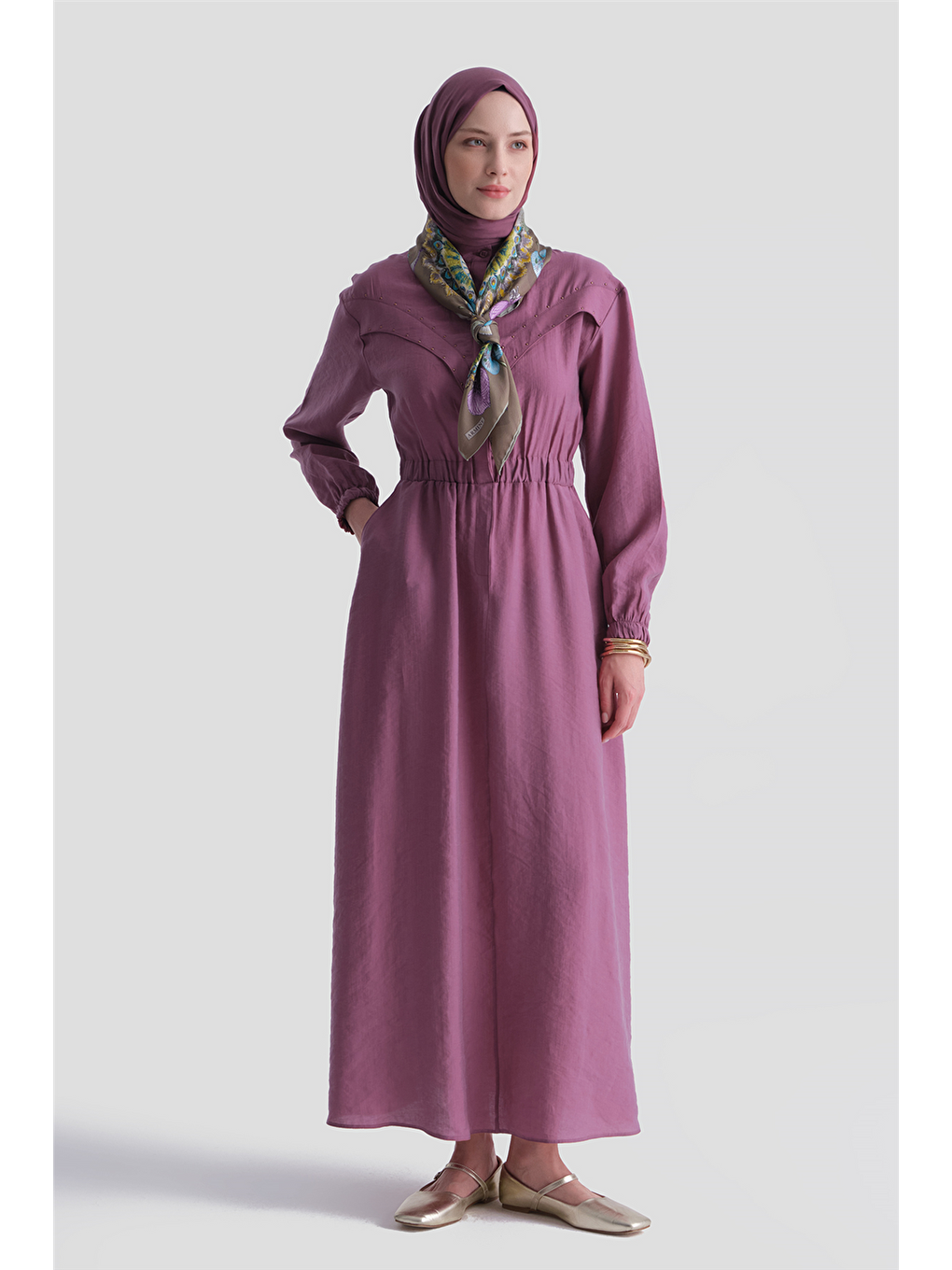 Aller Detaylı Beli Lastikli Elbise Bordo-1