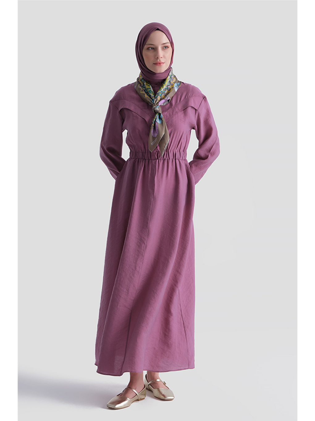 Aller Detaylı Beli Lastikli Elbise Bordo-2