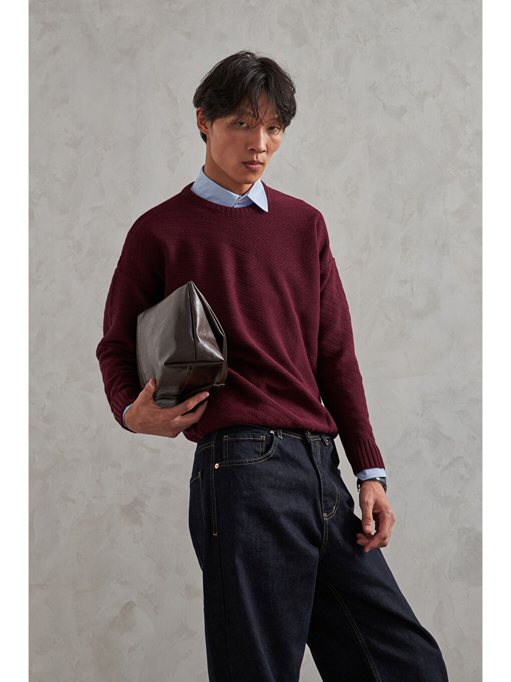 Bordo Erkek Bisiklet Yaka Oversize Ters Örgü Desen Kazak-7