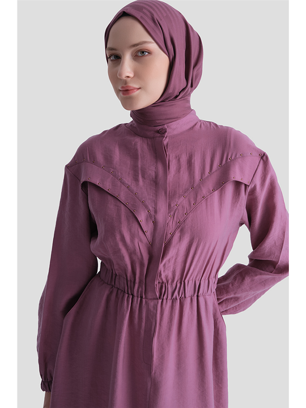 Aller Detaylı Beli Lastikli Elbise Bordo-3