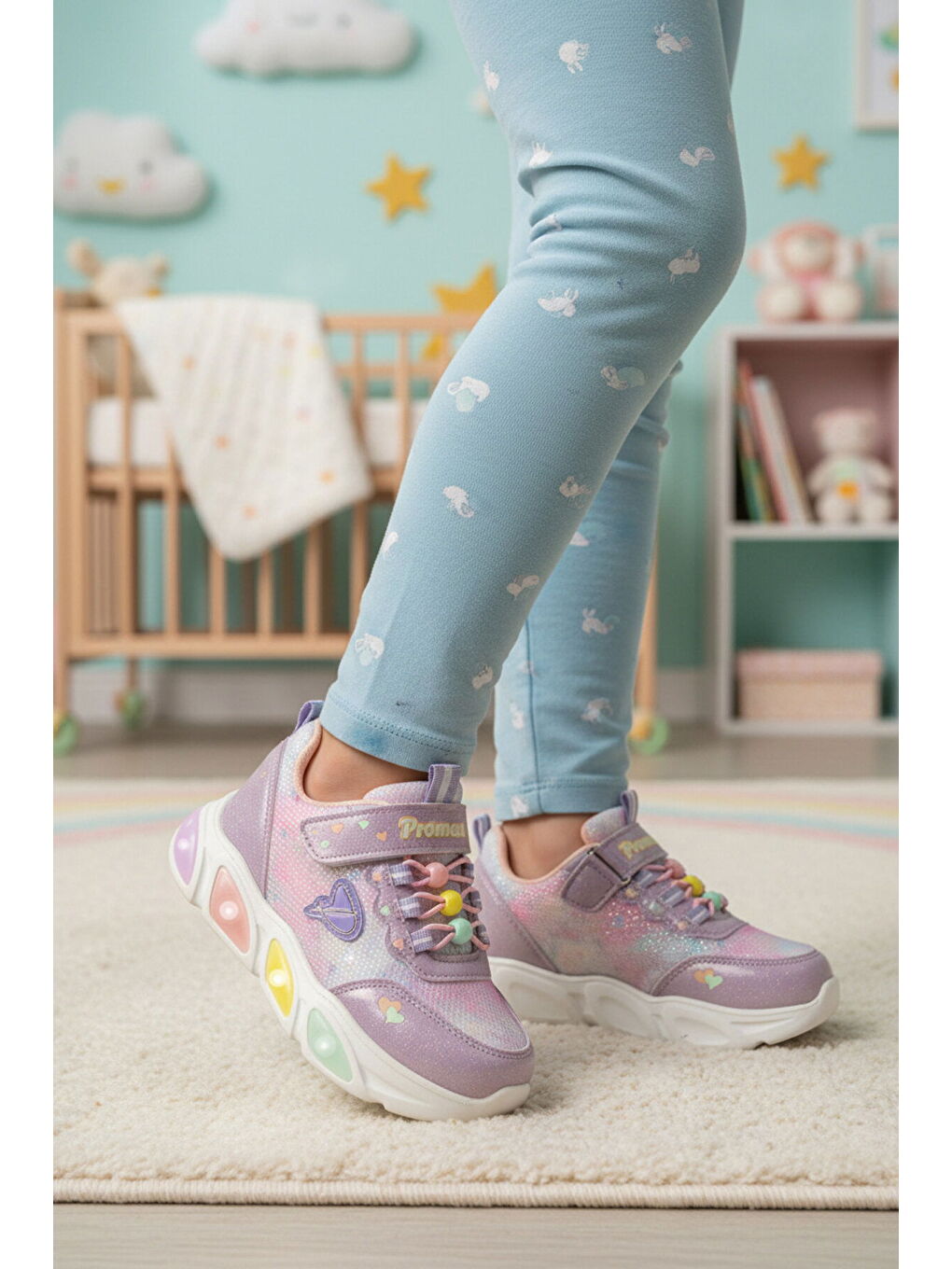Mor Cırtlı Işıklı Hafif Kız Çocuk Spor Ayakkabı 1998 P-3