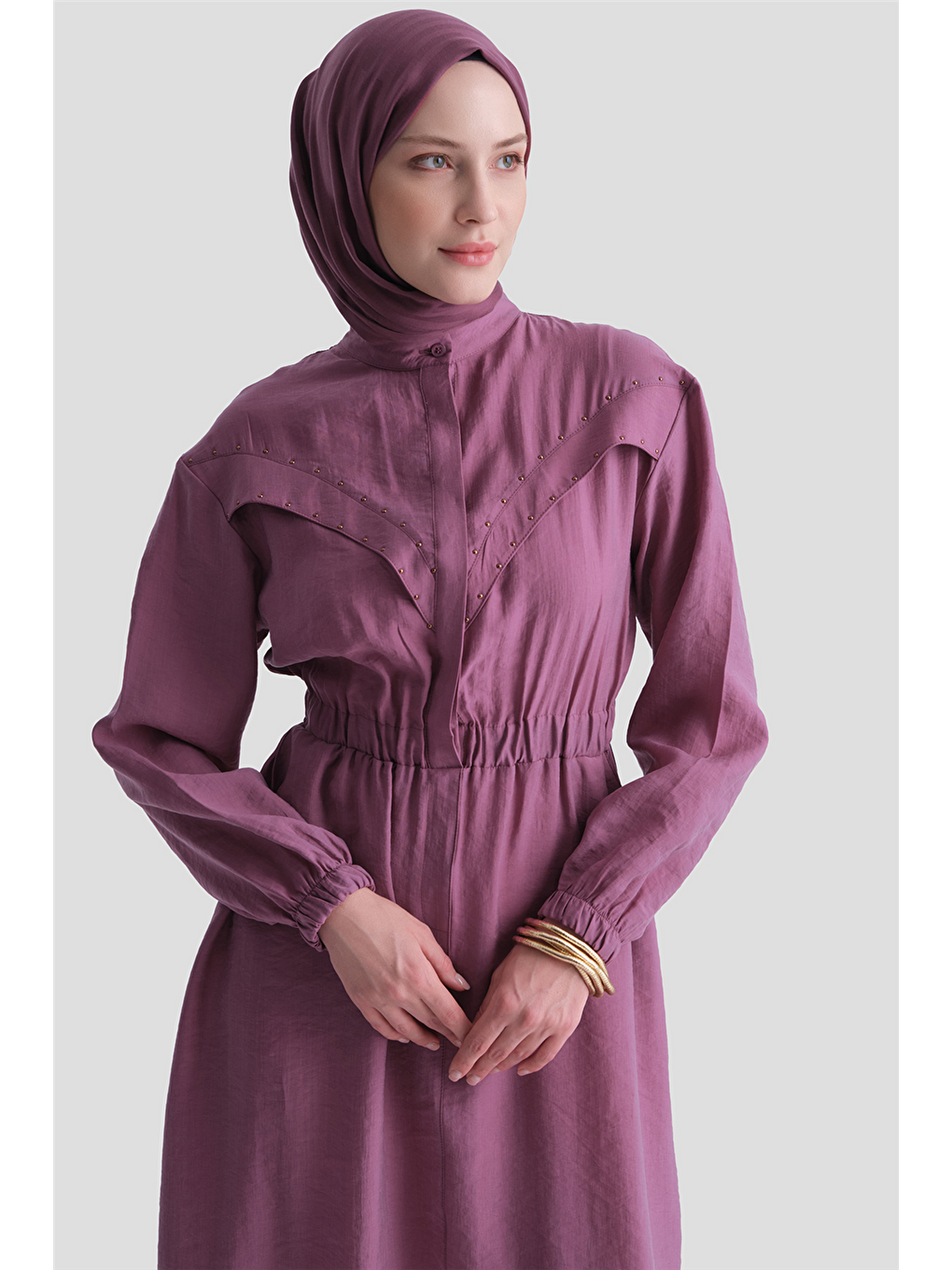 Aller Detaylı Beli Lastikli Elbise Bordo-4