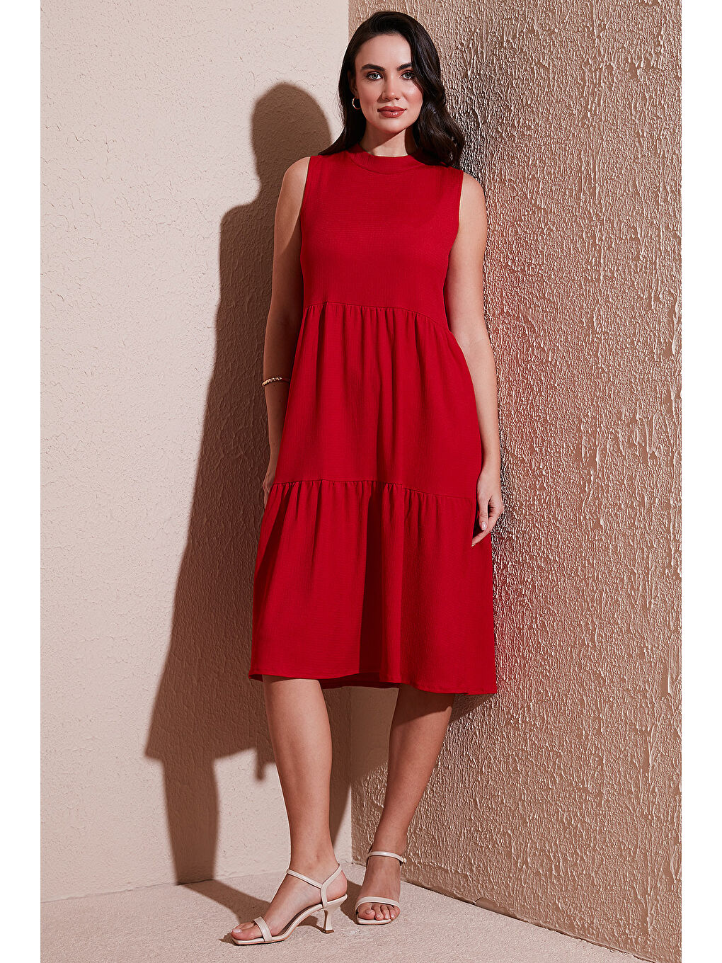 Kırmızı Regular Fit Kolsuz Midi Elbise 5869008-2