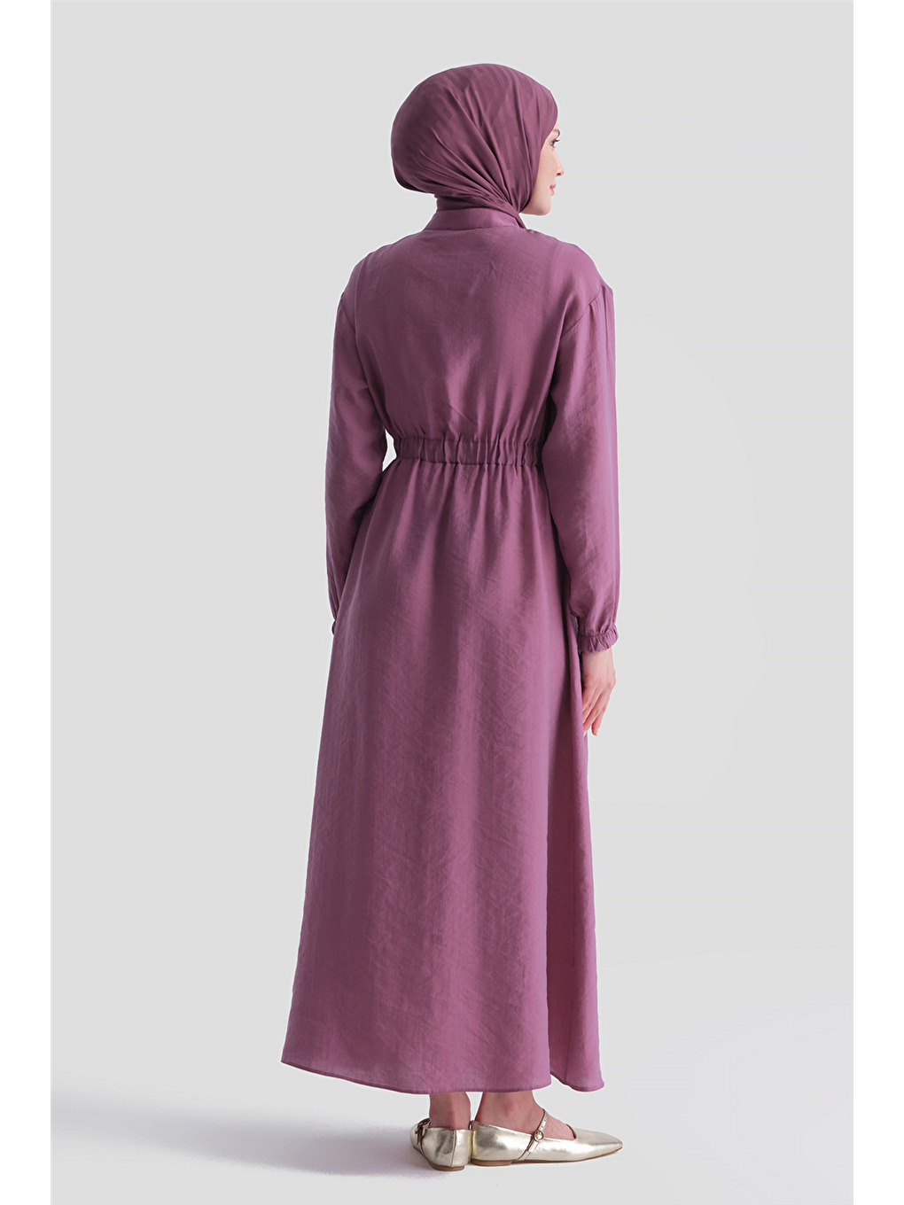 Aller Detaylı Beli Lastikli Elbise Bordo-5