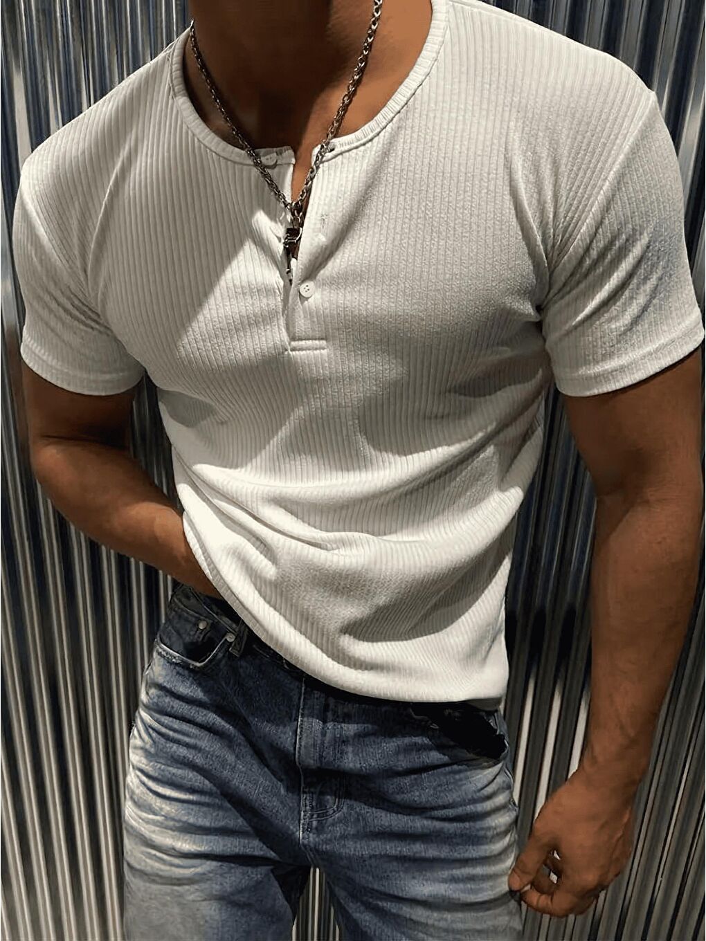 Beyaz San Loe Erkek Slim Fit Elastanlı Henley Yaka Kısa Kollu Tişört - Düğmeli Esnek Kumaş-3