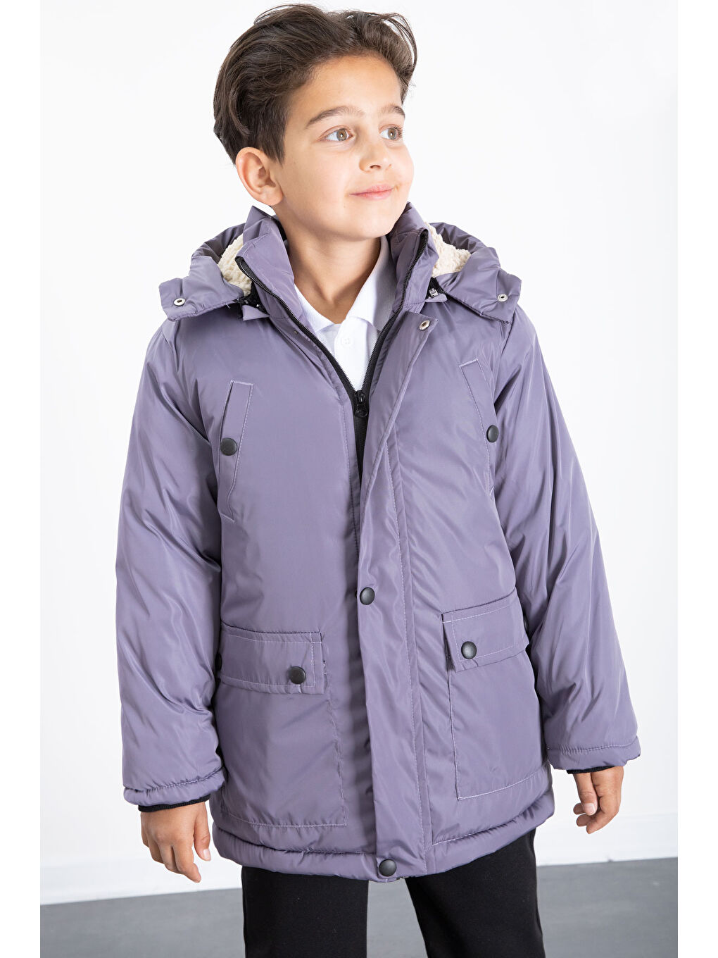 Antrasit İçi Kürklü Çıkarılabilir Kapüşonlu Basic Erkek Çocuk Şişme Mont 21443-1