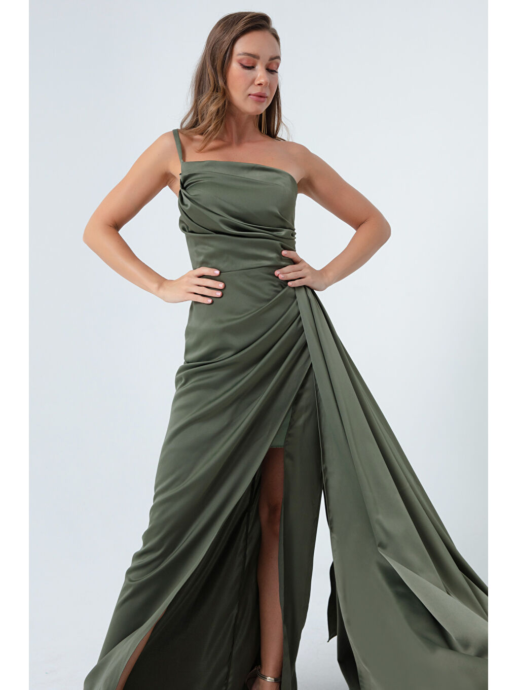 Kadın Haki Tek Omuzlu Saten Abiye & Mezuniyet Elbisesi-2