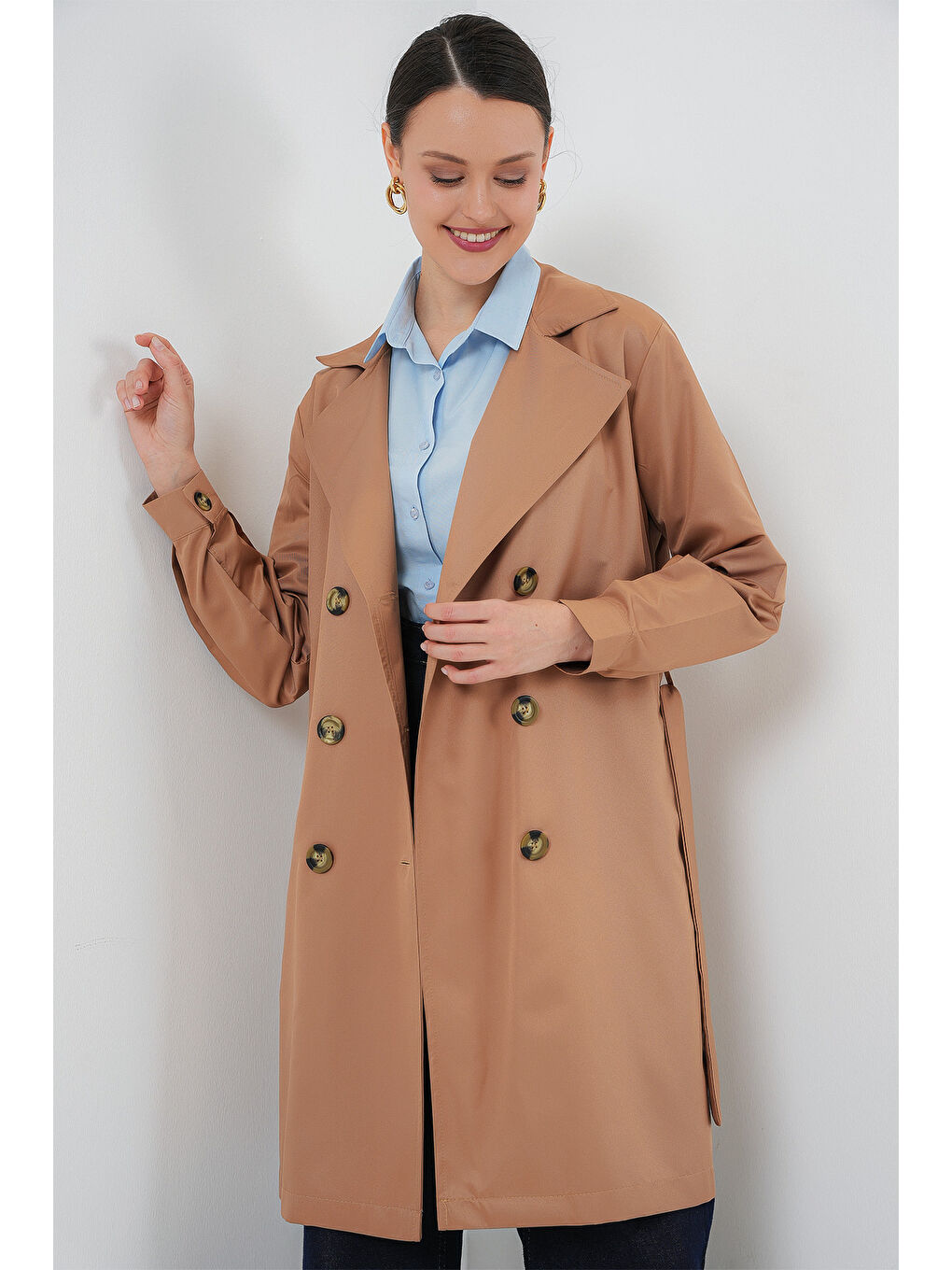 Kahverengi 5864 Kruvaze Yaka Kısa Trençkot - Taba-1