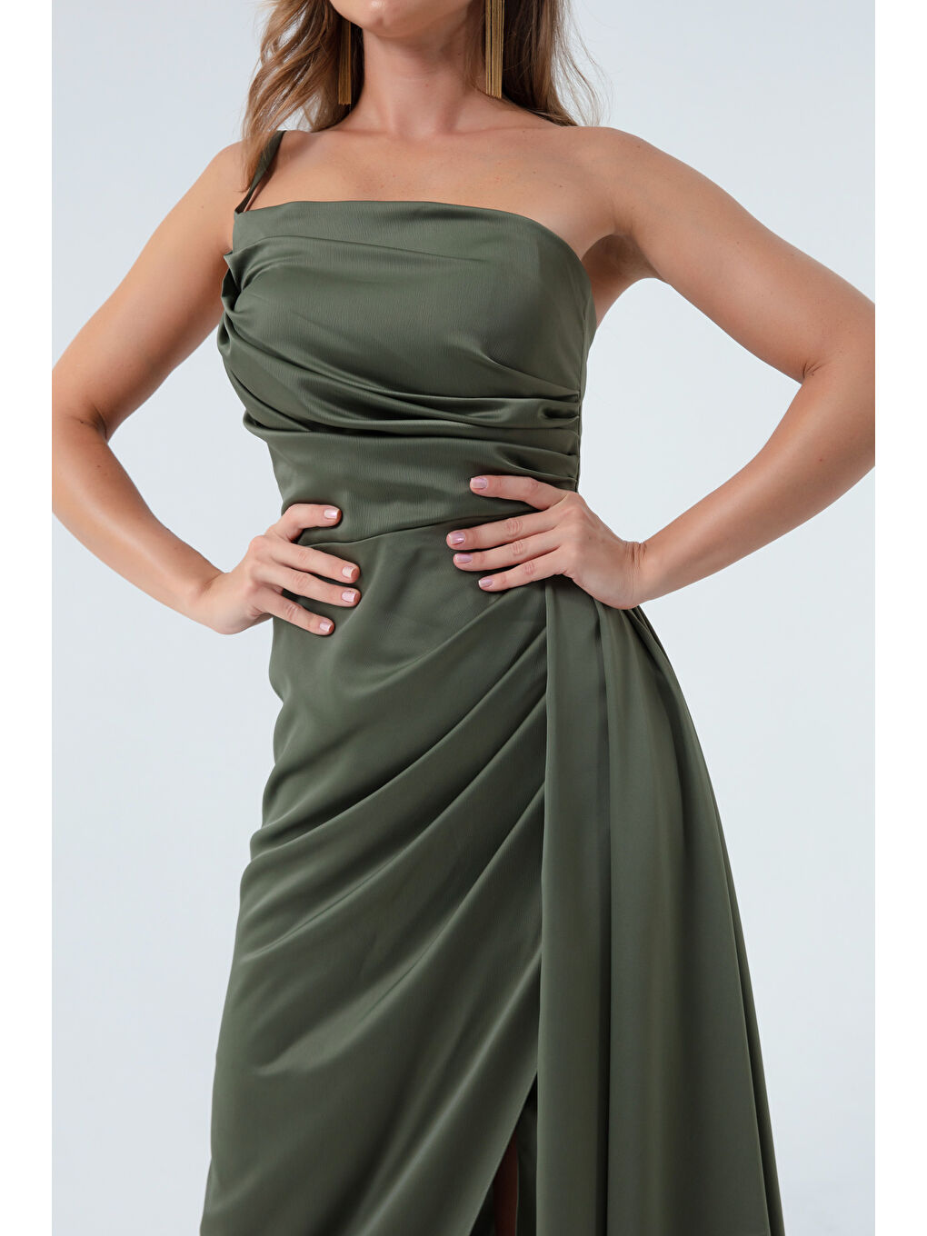 Kadın Haki Tek Omuzlu Saten Abiye & Mezuniyet Elbisesi-3