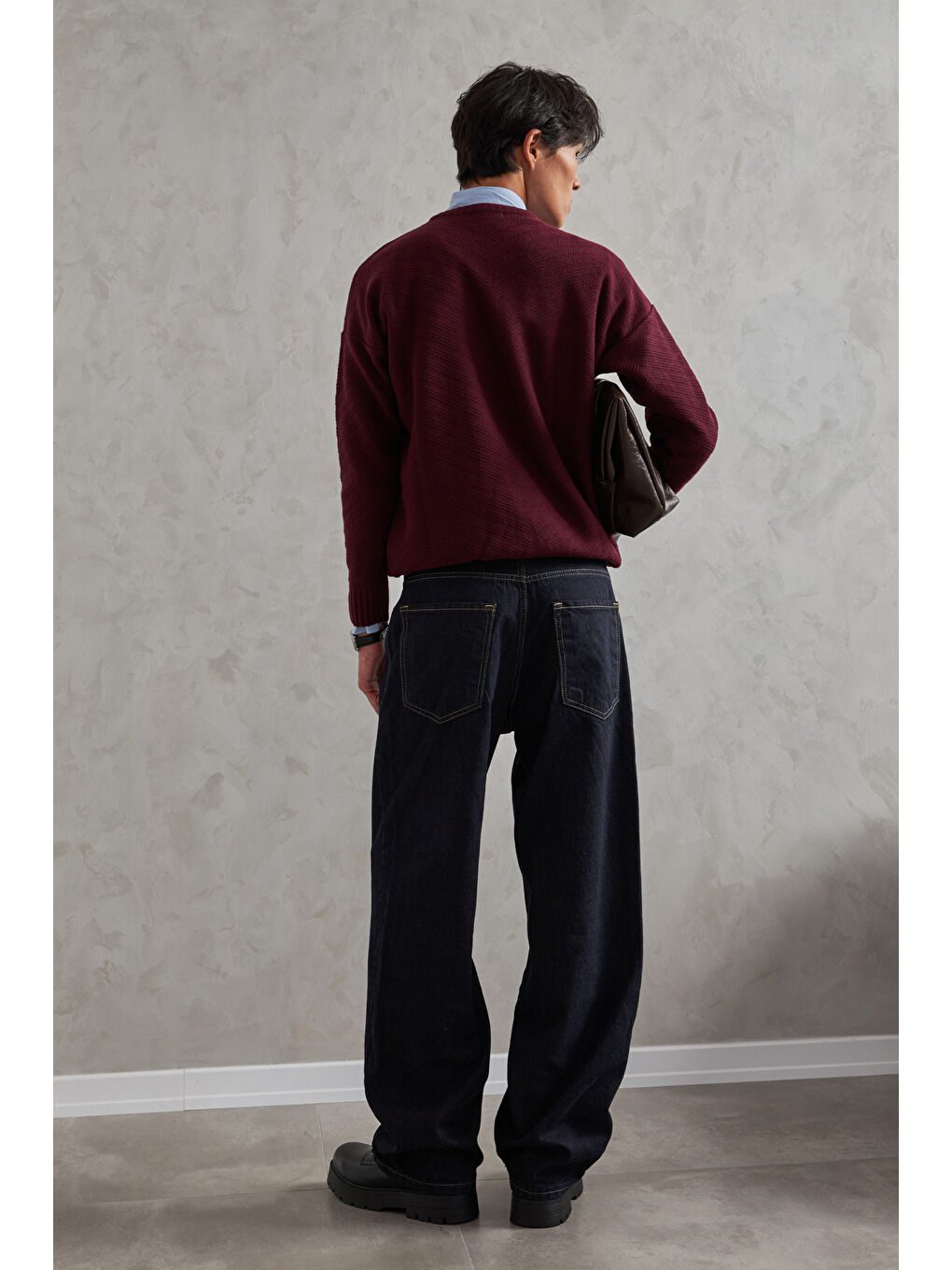 Bordo Erkek Bisiklet Yaka Oversize Ters Örgü Desen Kazak-8