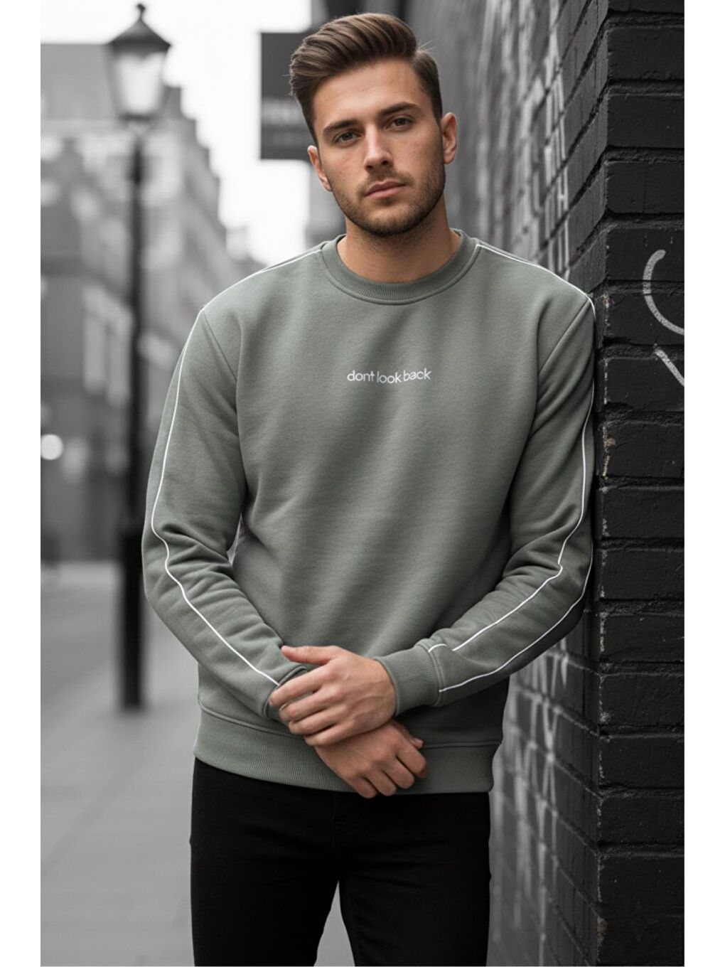 Yeşil Dont Look Slim Fit Üç İplik Şardonlu Bisiklet Yaka Erkek Sweatshirt