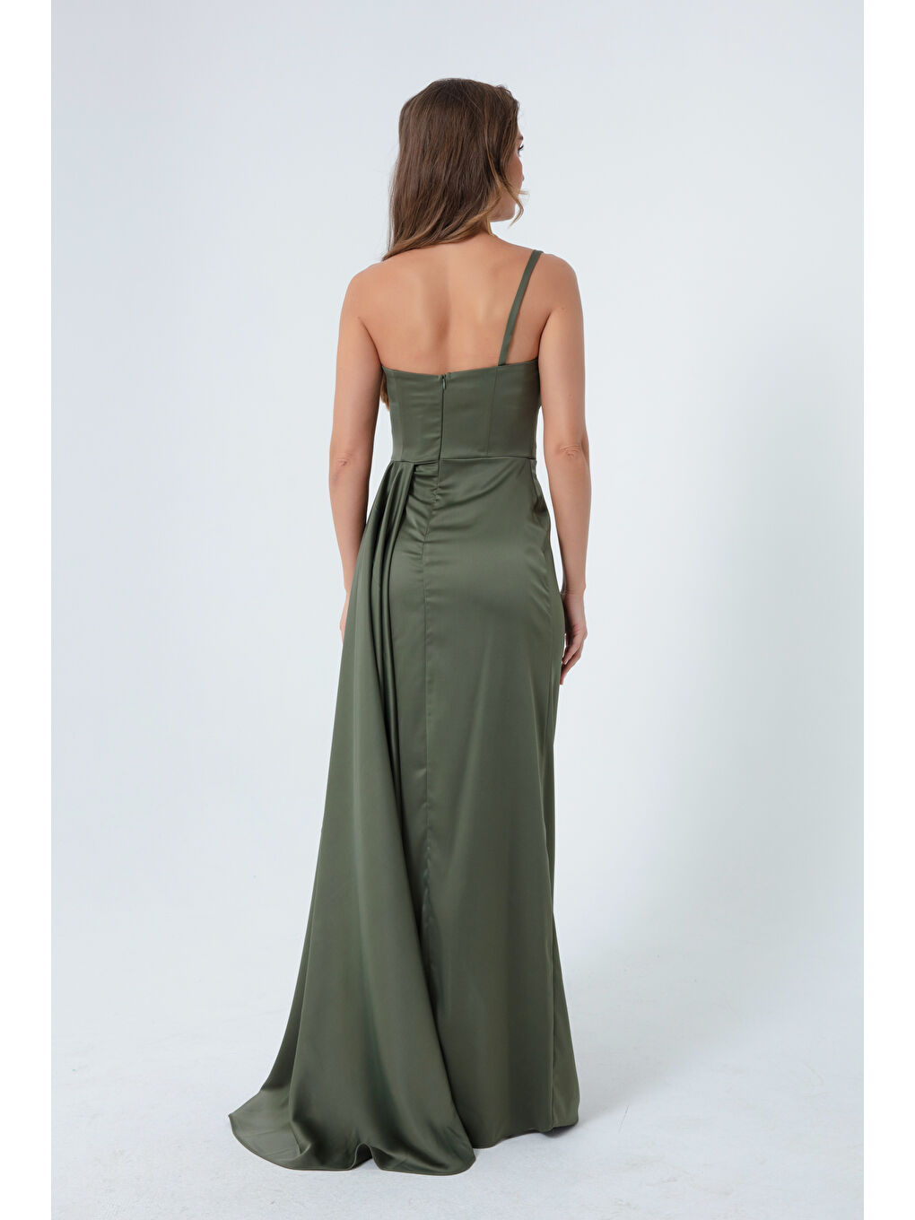 Kadın Haki Tek Omuzlu Saten Abiye & Mezuniyet Elbisesi-4
