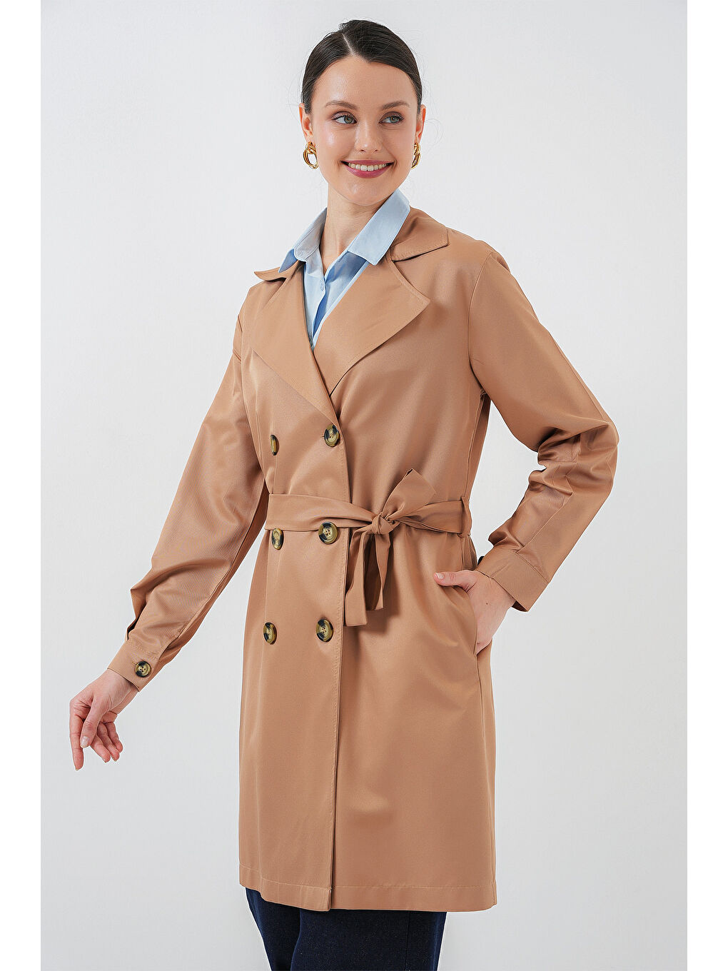 Kahverengi 5864 Kruvaze Yaka Kısa Trençkot - Taba-3