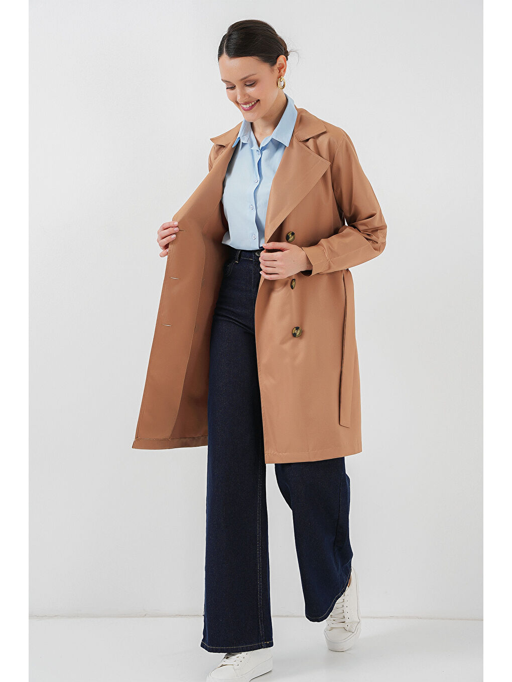 Kahverengi 5864 Kruvaze Yaka Kısa Trençkot - Taba-4