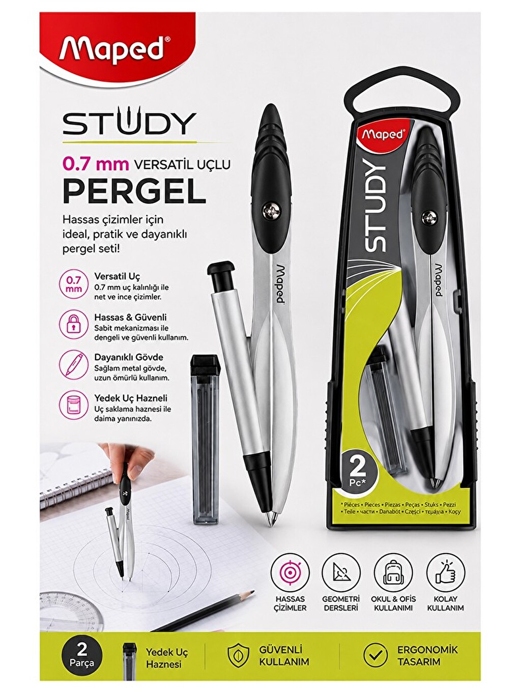 0.7 Uçlu Metal Pergel 1 Adet 119430 Kutulu Metal Pergel Versatil Uçlu Mekanik Kalem Basmalı Uç