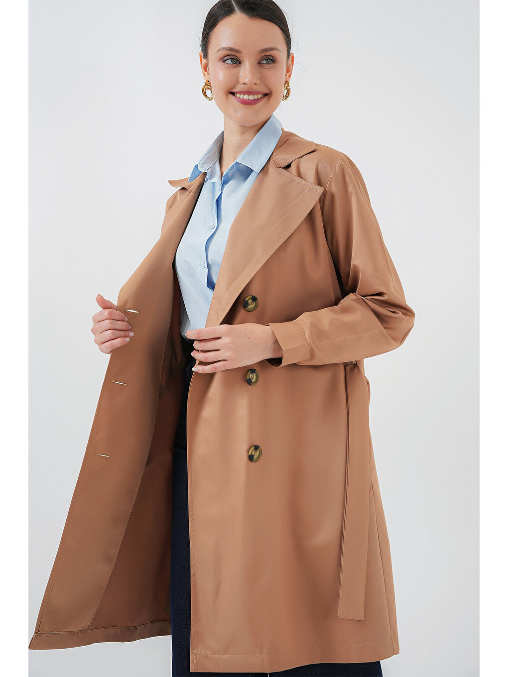 Kahverengi 5864 Kruvaze Yaka Kısa Trençkot - Taba-5