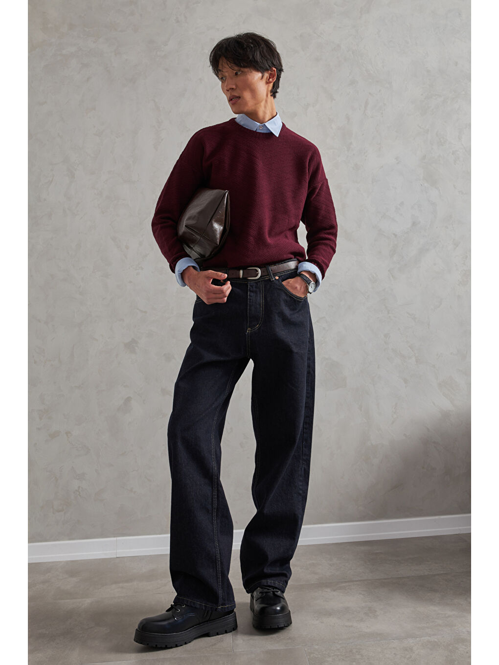 Bordo Erkek Bisiklet Yaka Oversize Ters Örgü Desen Kazak-9